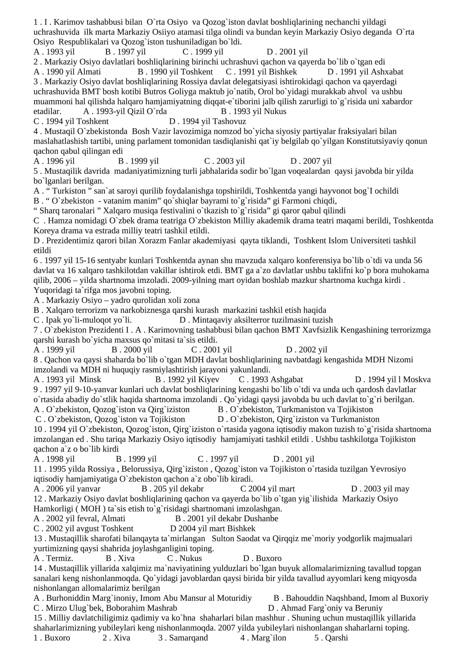 Markaziy Osiyo va Qozog`iston davlat boshliqlarining uchrashuvi