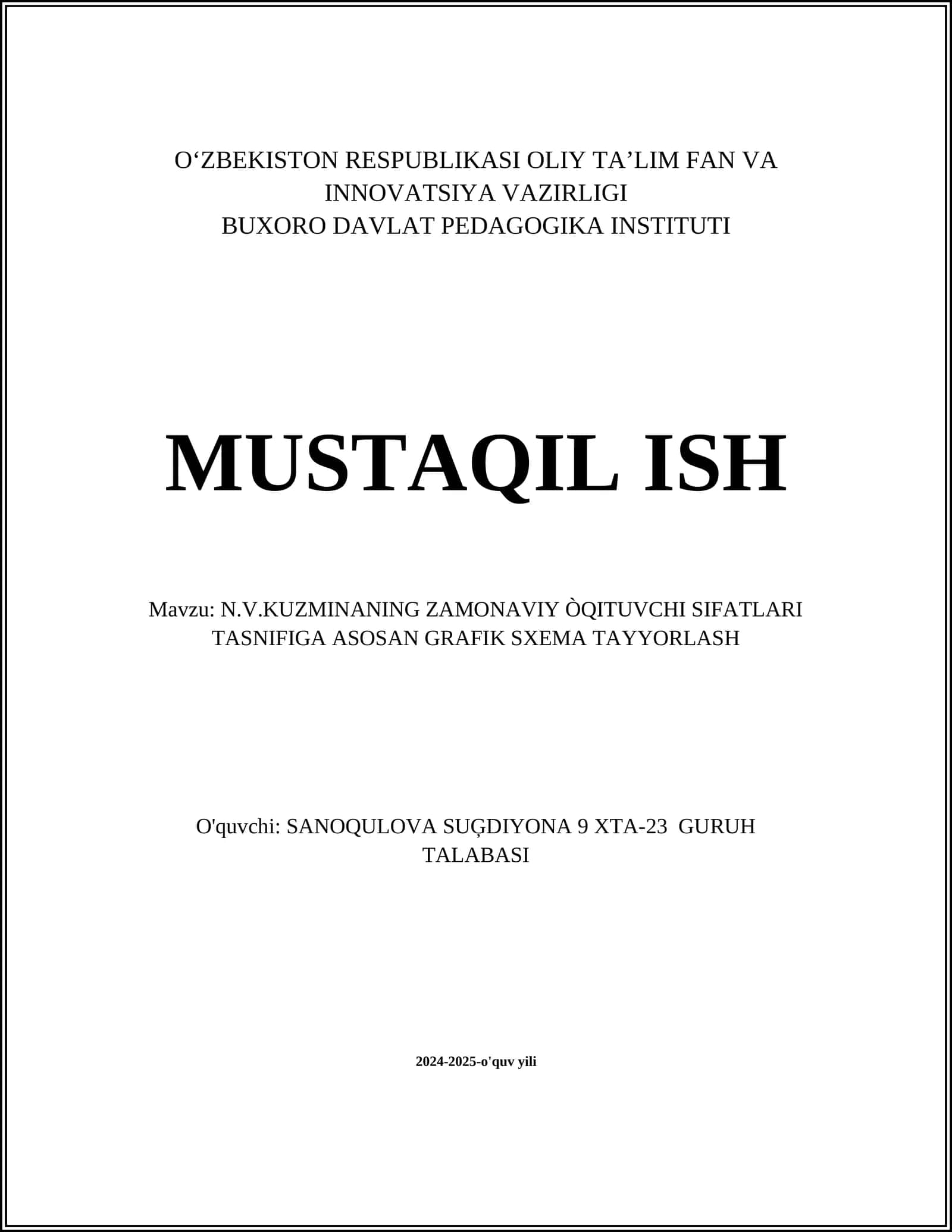 N.V.KUZMINANING ZAMONAVIY ÒQITUVCHI SIFATLARI TASNIFIGA ASOSAN GRAFIK SXEMA TAYYORLASH