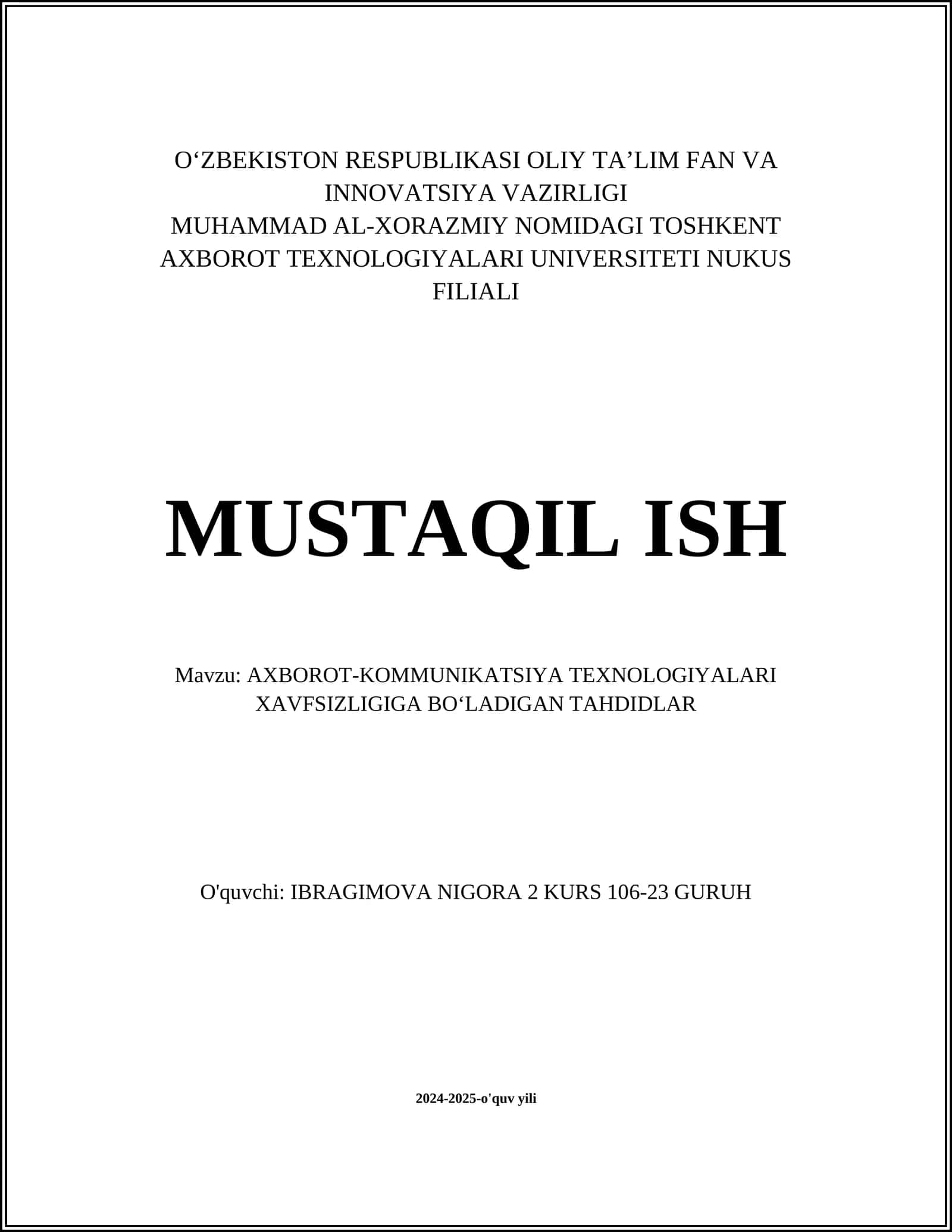 AXBOROT-KOMMUNIKATSIYA TEXNOLOGIYALARI XAVFSIZLIGIGA BOʻLADIGAN TAHDIDLAR