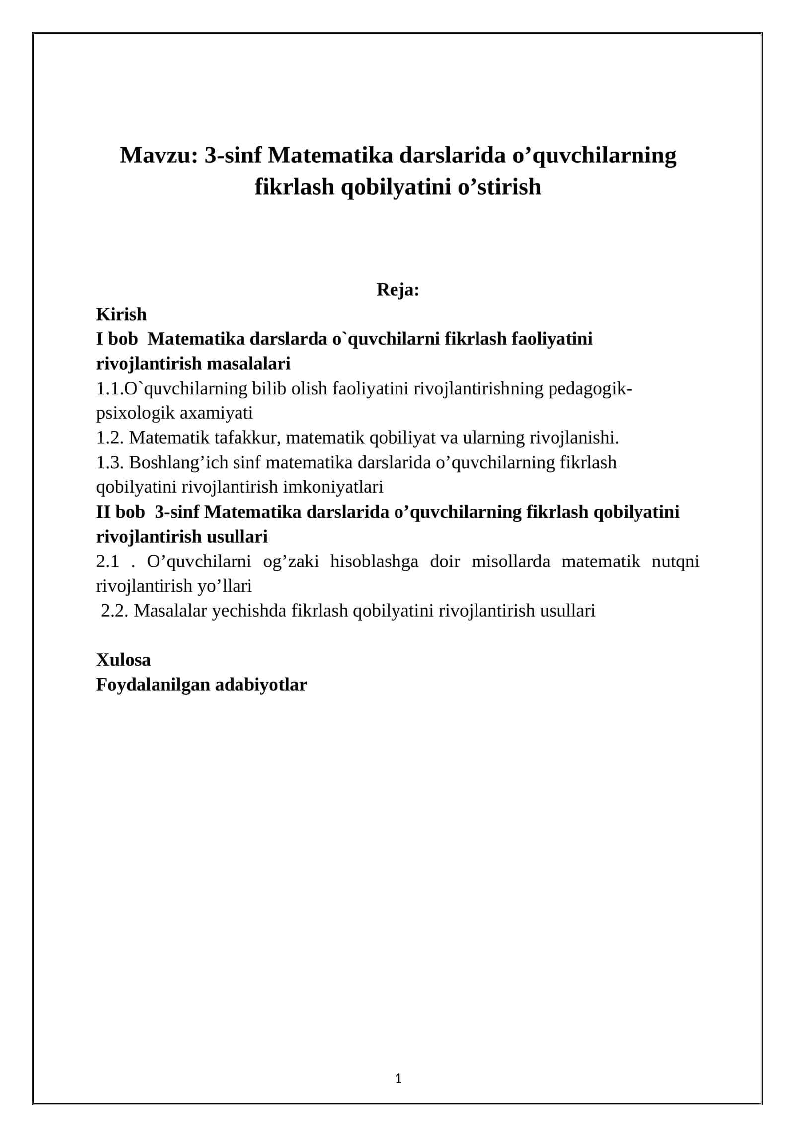 3-sinf Matematika darslarida o’quvchilarning fikrlash qobilyatini o’stirish