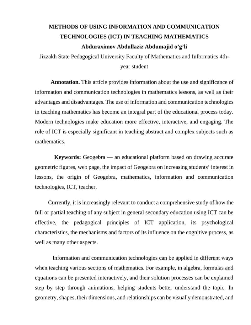 METHODS OF USING INFORMATION AND COMMUNICATION TECHNOLOGIES (ICT) IN TEACHING MATHEMATICS