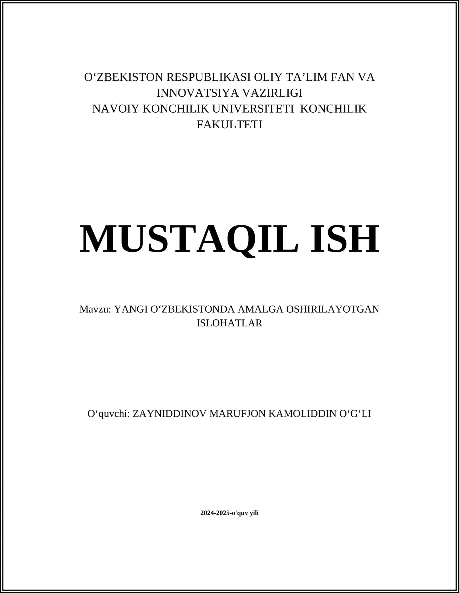 YANGI OʻZBEKISTONDA AMALGA OSHIRILAYOTGAN ISLOHATLAR