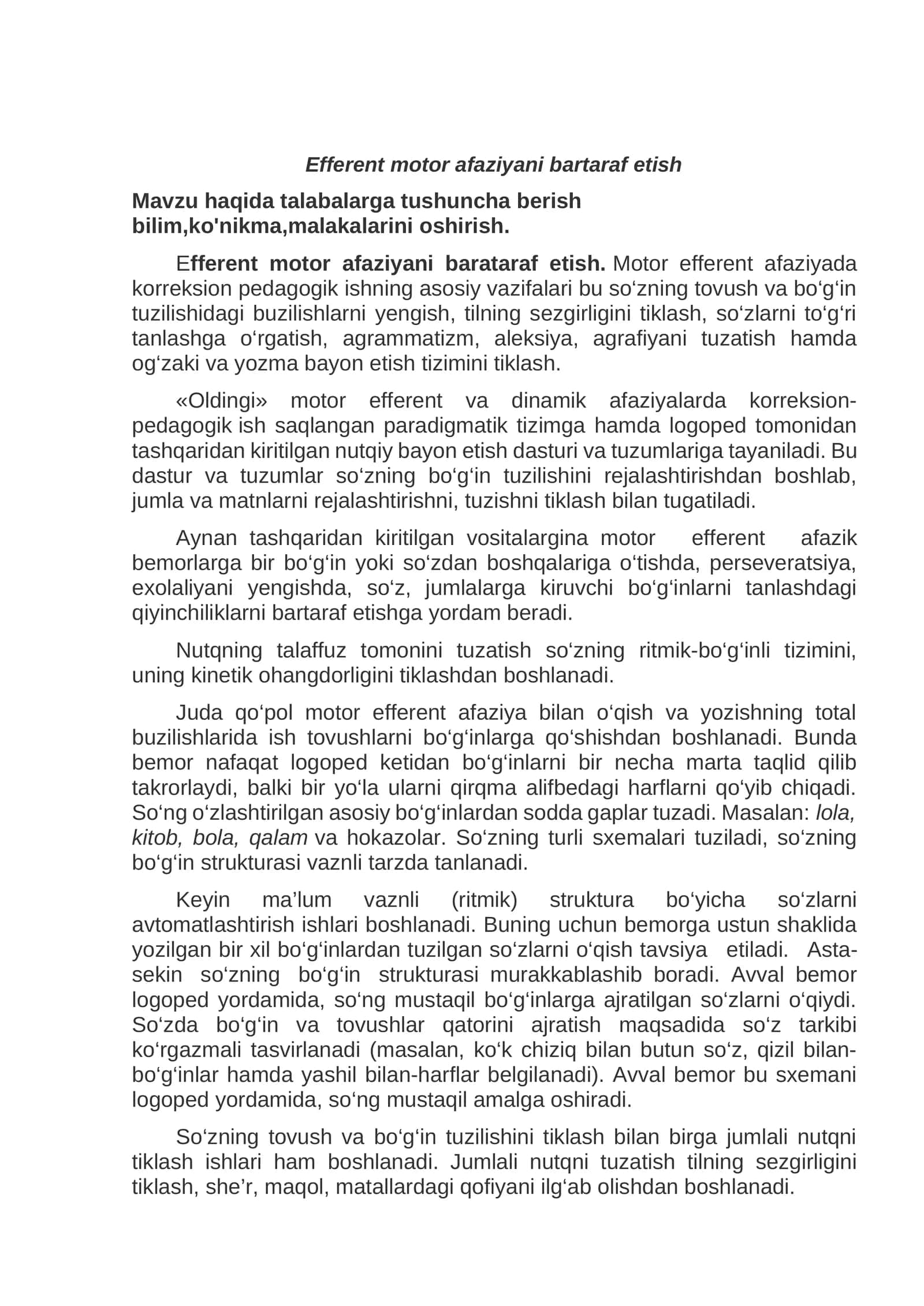 Efferent motor afaziyani bartaraf etish