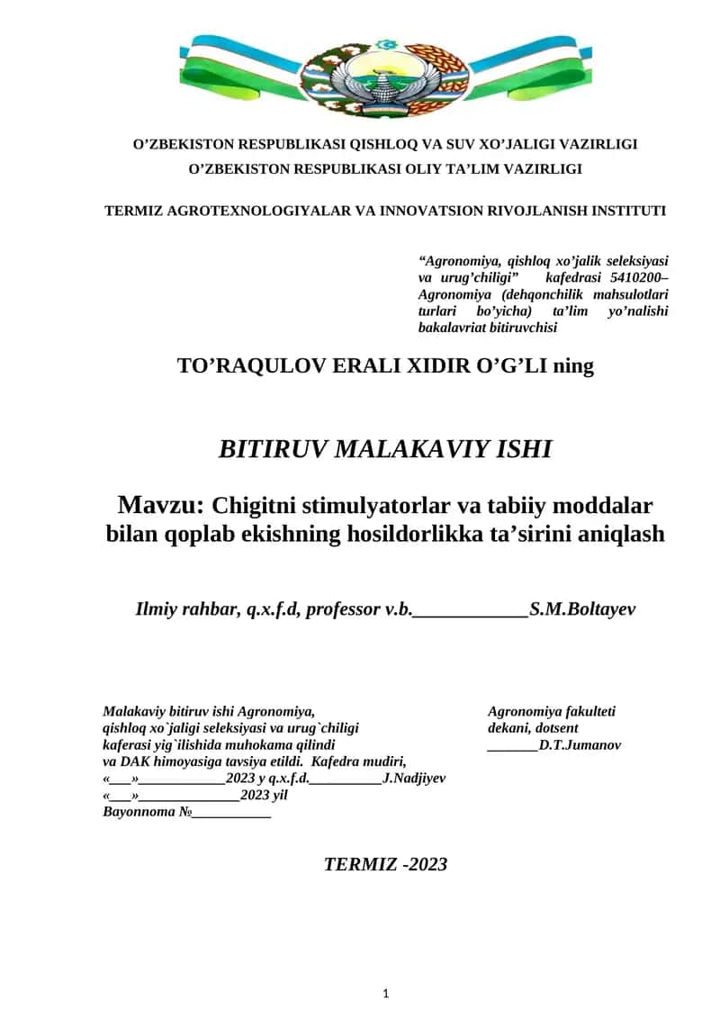 Chigitni stimulyatorlar va tabiiy moddalar bilan qoplab ekishning hosildorlikka ta’sirini aniqlash