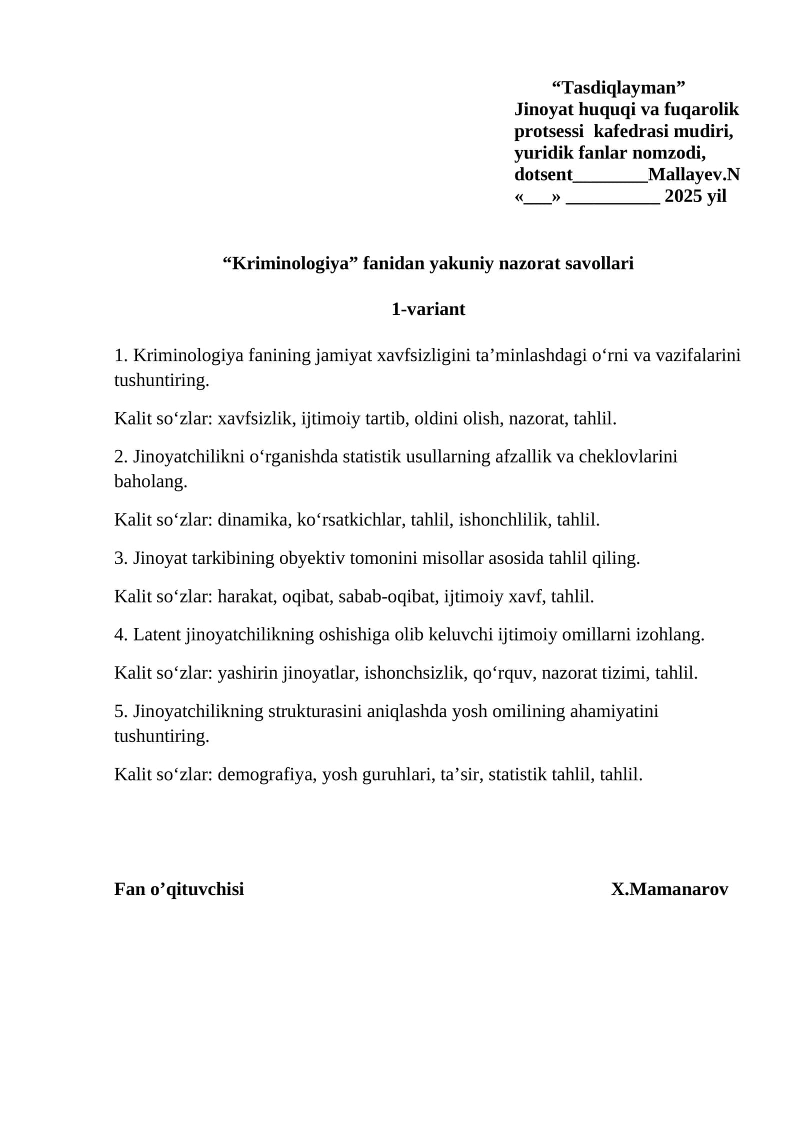 Kriminologiya fanidan yakuniy nazorat savollari