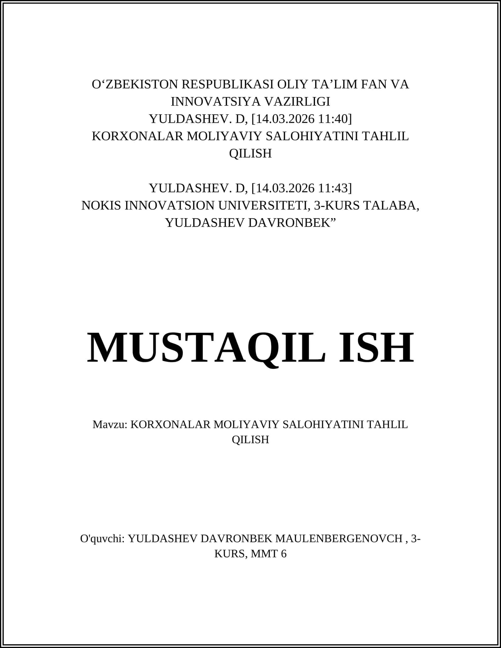 KORXONALAR MOLIYAVIY SALOHIYATINI TAHLIL QILISH