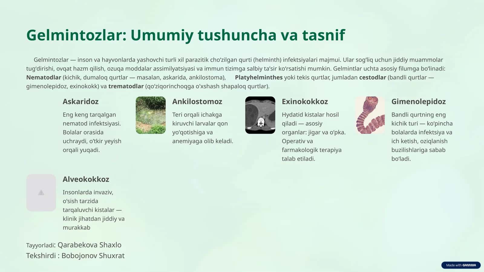 Gelmintozlar: Umumiy tushuncha va tasnif