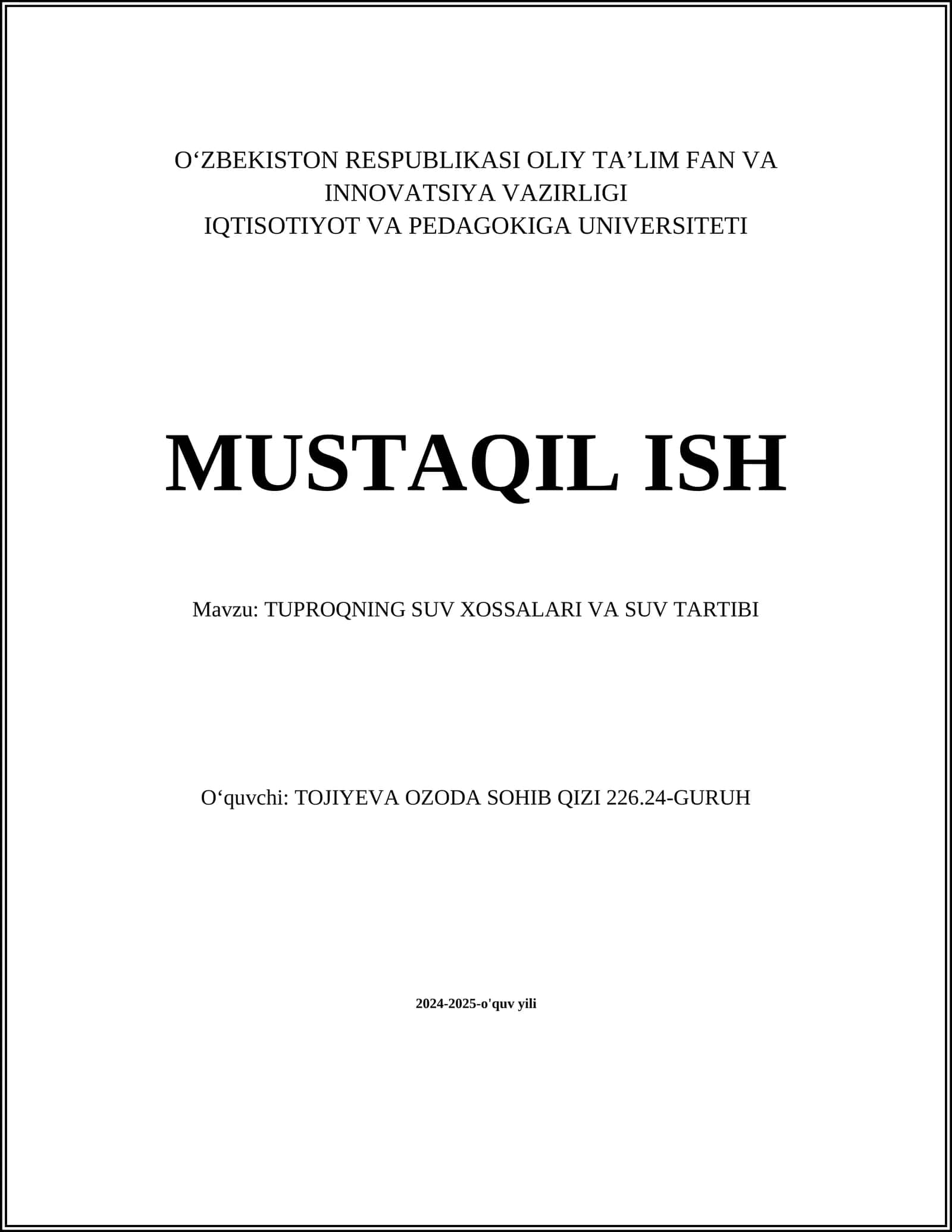 TUPROQNING SUV XOSSALARI VA SUV TARTIBI