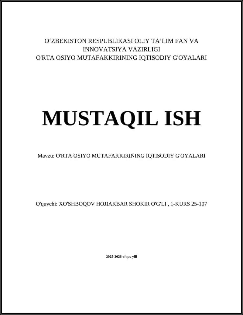 O'rta Osiyo MutaFakkirining Iqtisodiy G'oyalari