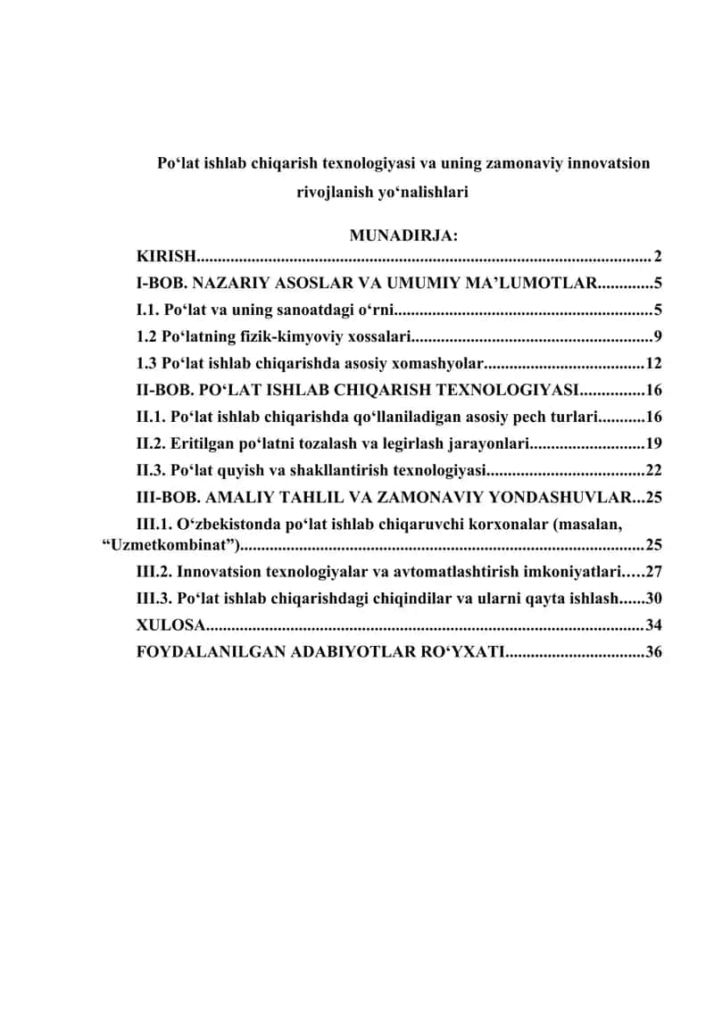 Po‘lat ishlab chiqarish texnologiyasi va uning zamonaviy innovatsion rivojlanish yo‘nalishlari