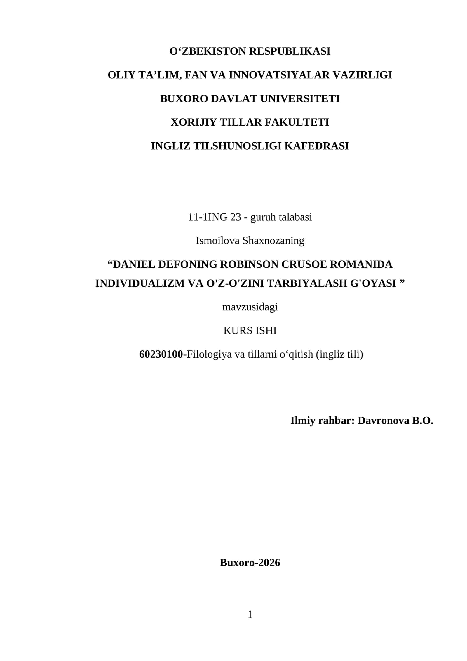DANIEL DEFONING ROBINSON CRUSOE ROMANIDA INDIVIDUALIZM VA O'Z-O'ZINI TARBIYALASH G'OYASI
