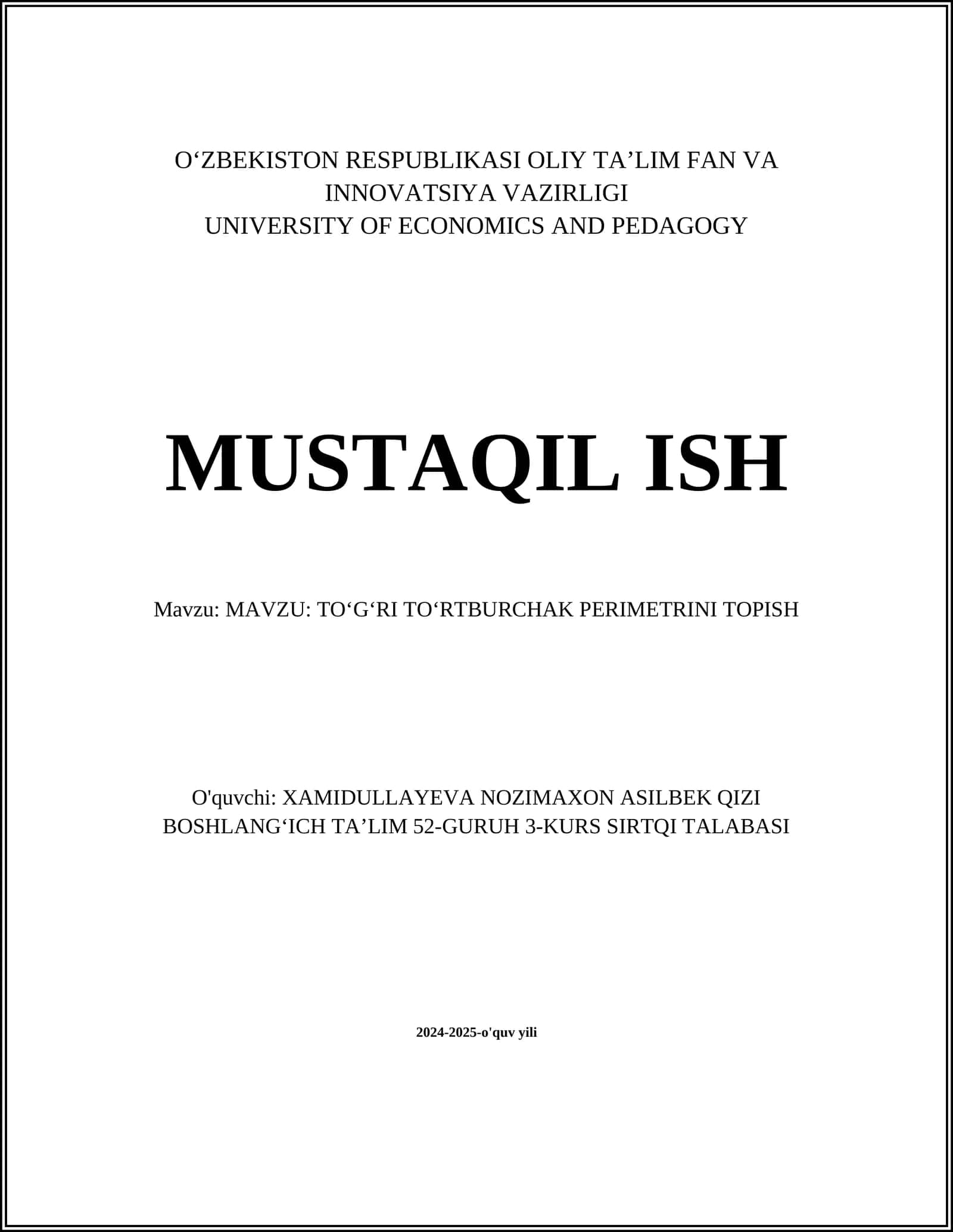 TOʻGʻRI TOʻRTBURCHAK PERIMETRINI TOPISH