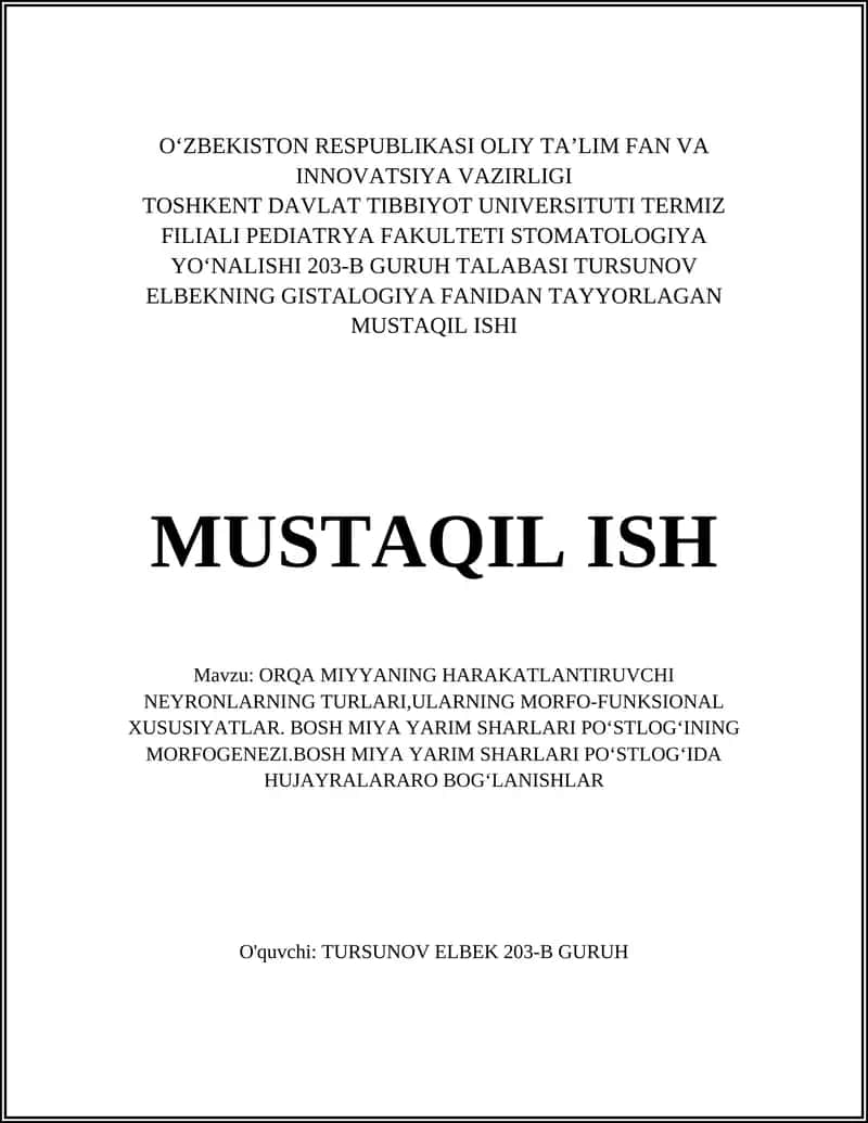 ORQA MIYYANING HARAKATLANTIRUVCHI NEYRONLARNING TURLARI