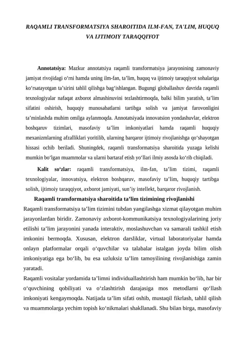 RAQAMLI TRANSFORMATSIYA SHAROITIDA ILM-FAN, TA'LIM, HUQUQ VA IJTIMOIY TARAQQIYOT