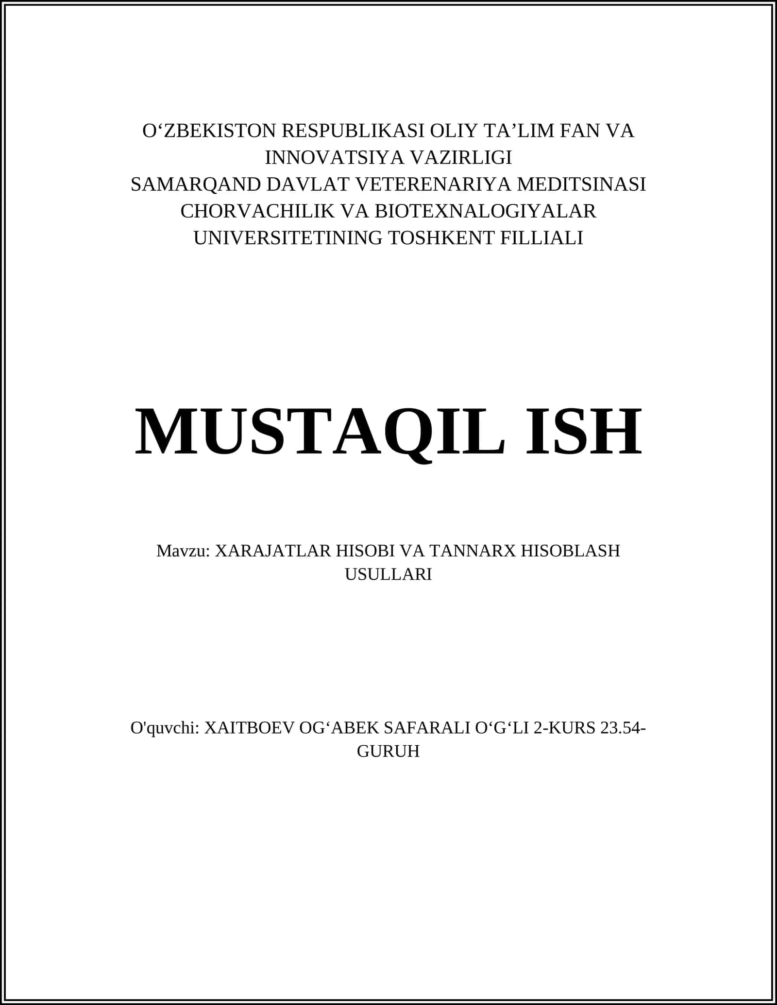 XARAJATLAR HISOBI VA TANNARX HISOBLASH USULLARI