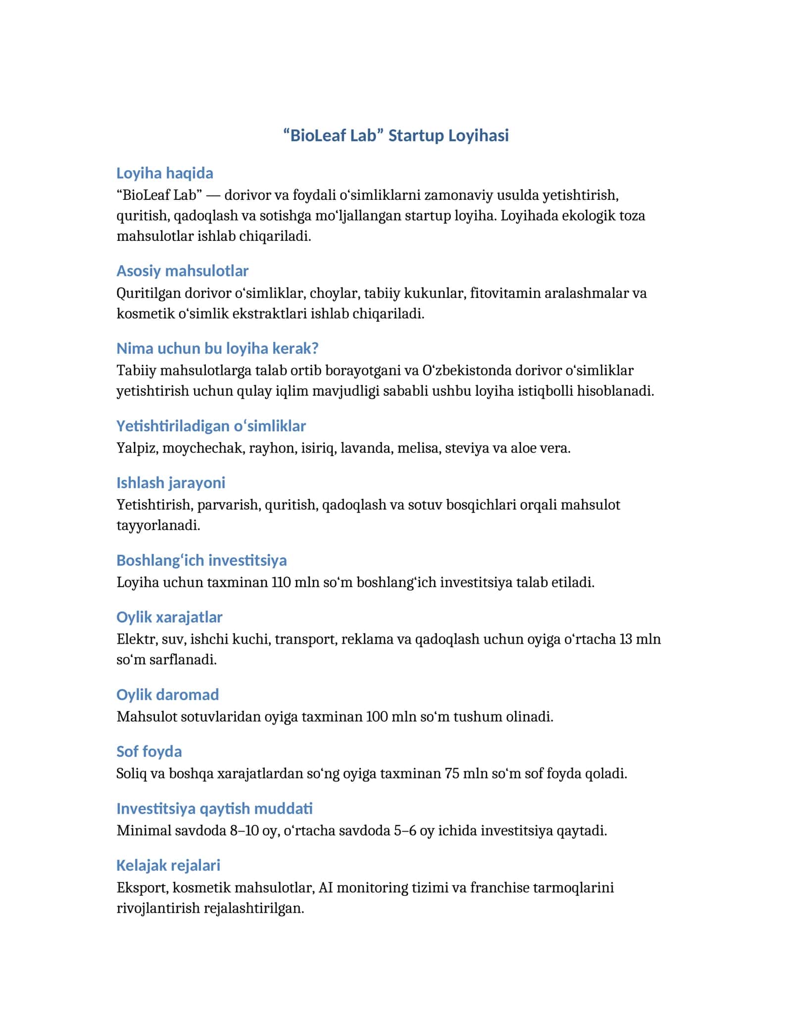 “BioLeaf Lab” Startup Loyihasi
