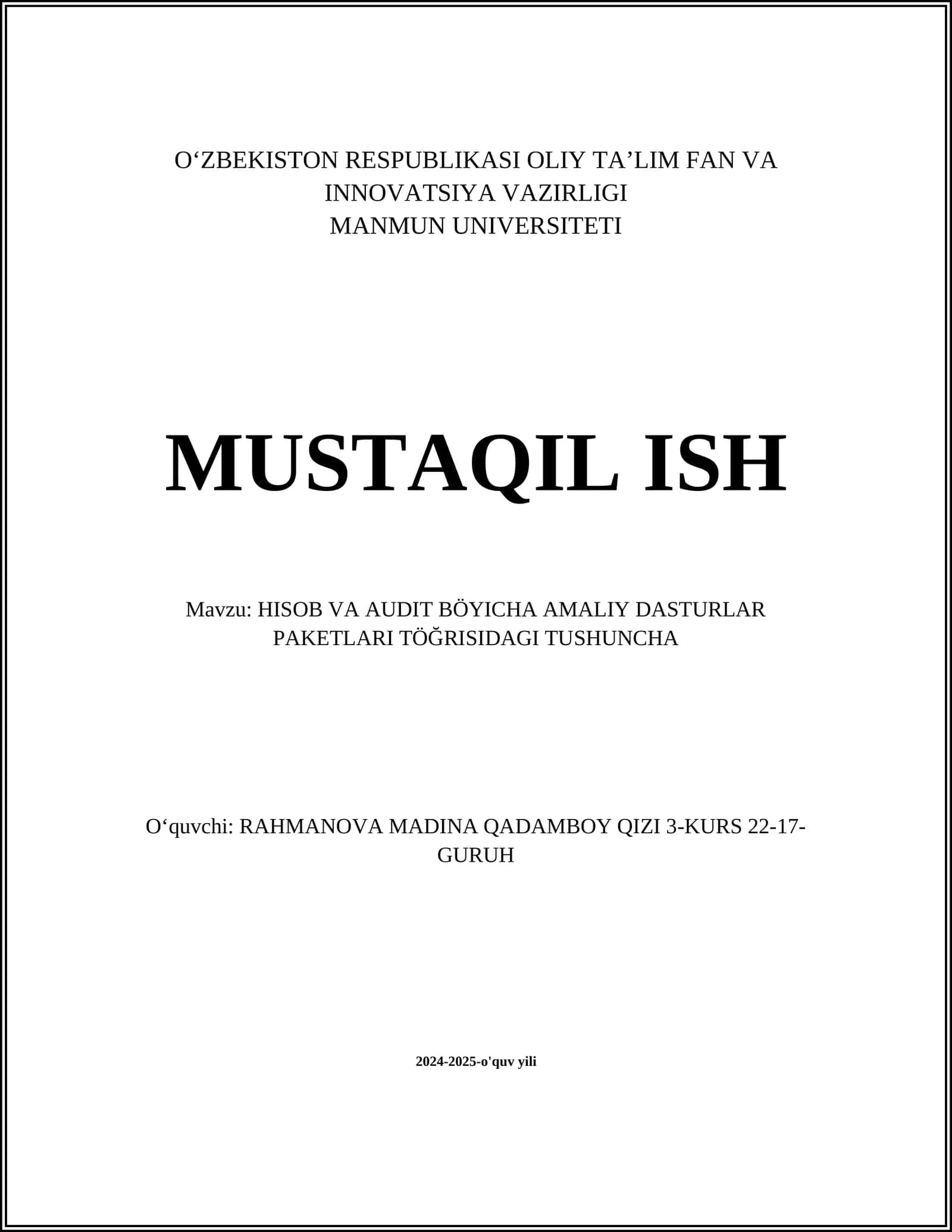 HISOB VA AUDIT BÖYICHA AMALIY DASTURLAR PAKETLARI TÖĞRISIDAGI TUSHUNCHA
