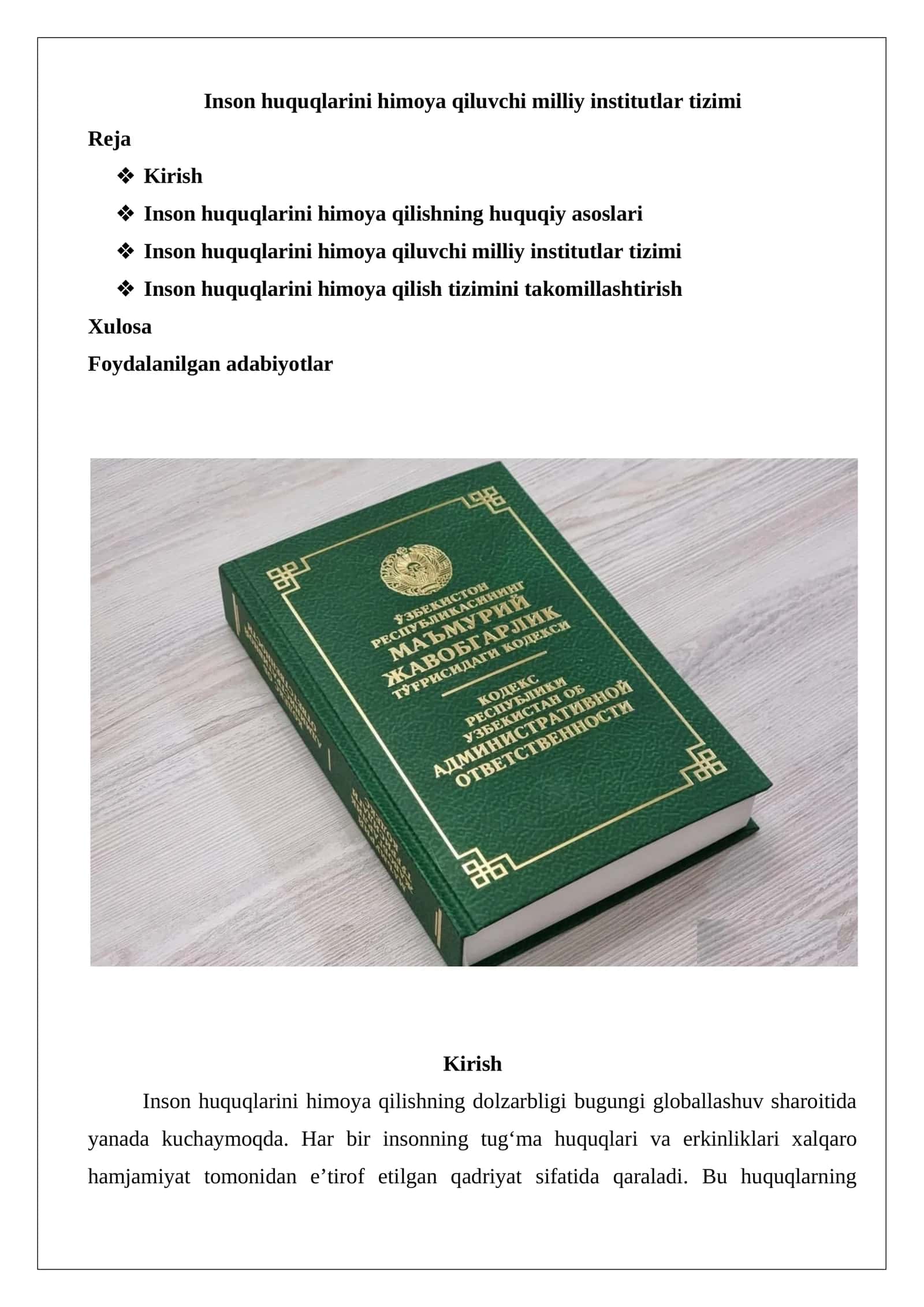 Inson huquqlarini himoya qiluvchi milliy institutlar tizimi