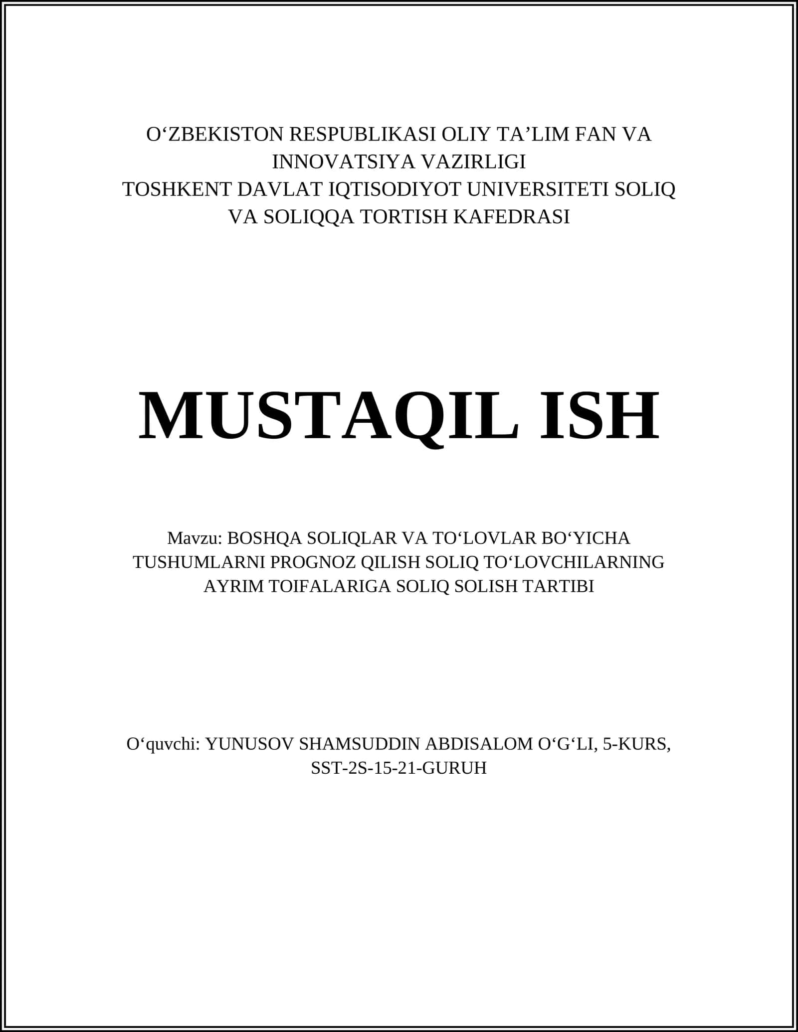 BOSHQA SOLIQLAR VA TOʻLOVLAR BOʻYICHA TUSHUMLARNI PROGNOZ QILISH SOLIQ TOʻLOVCHILARNING AYRIM TOIFALARIGA SOLIQ SOLISH TARTIBI