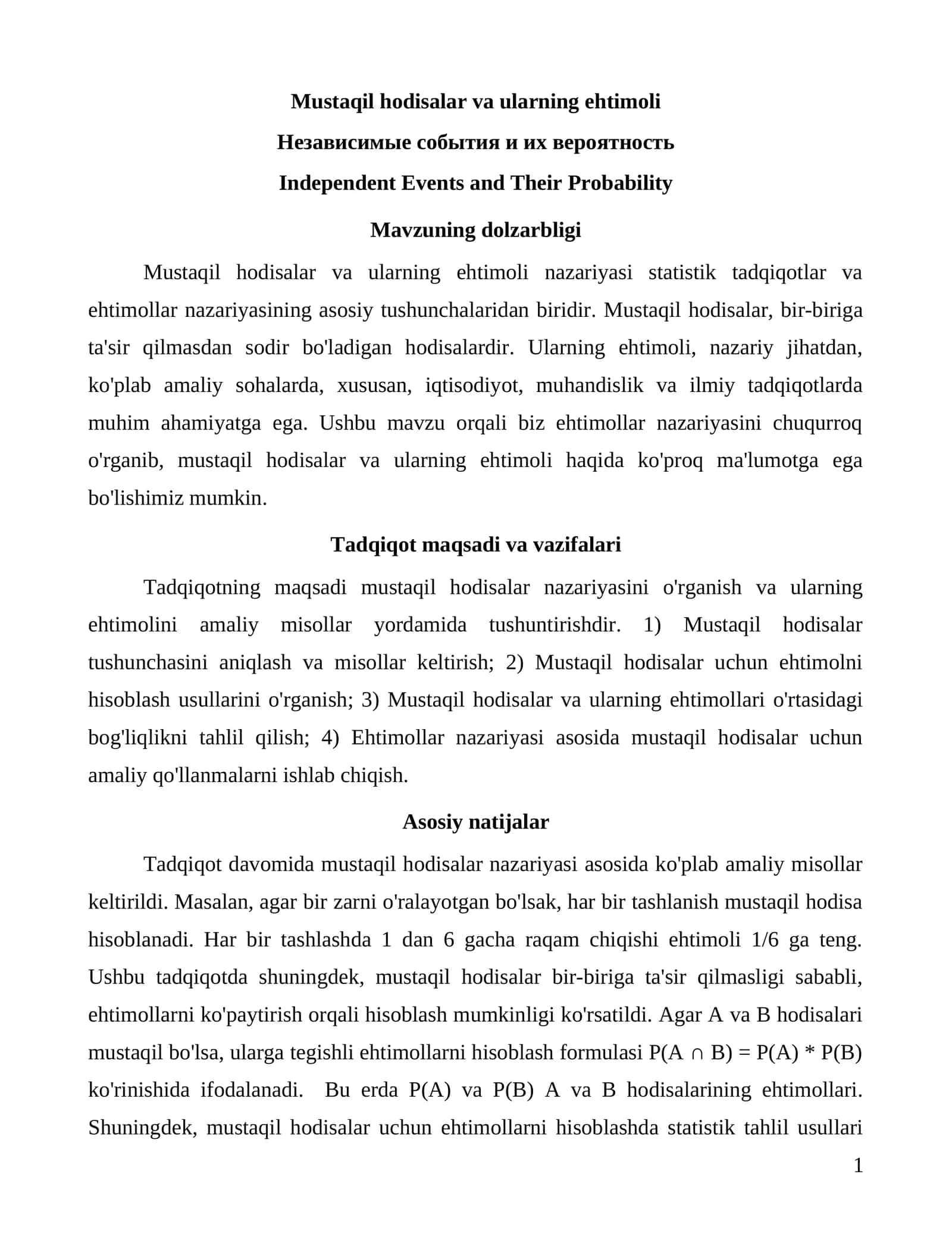 Mustaqil hodisalar va ularning ehtimoli