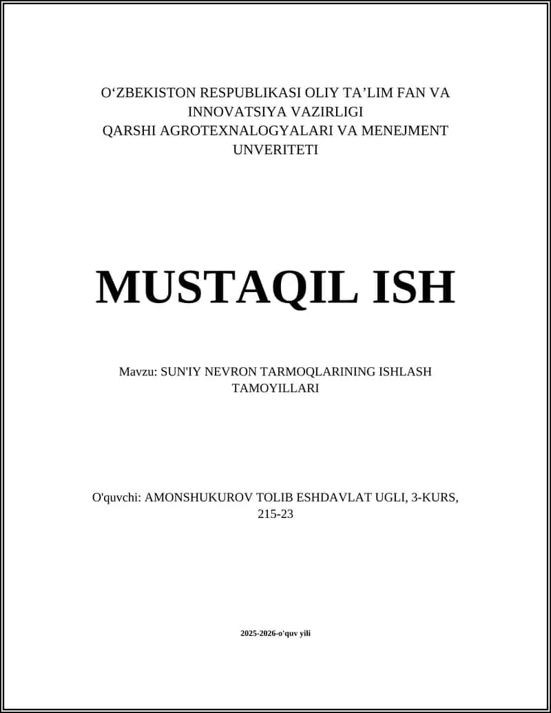 Sun'iy neyron tarmoqlarining ishlash tamoyillari
