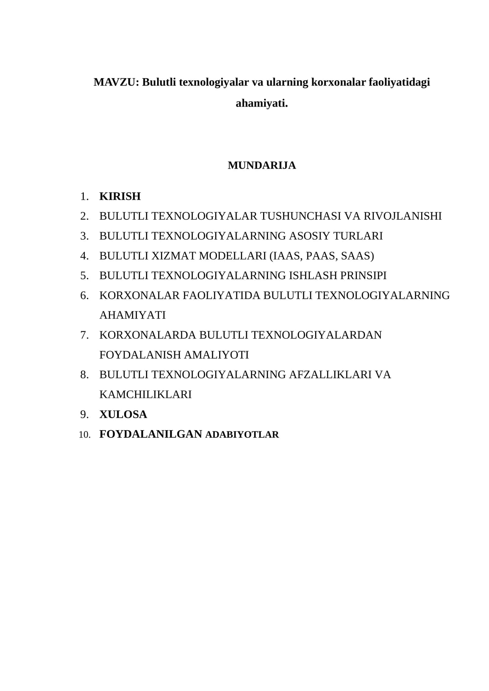 Bulutli texnologiyalar va ularning korxonalar faoliyatidagi ahamiyati.