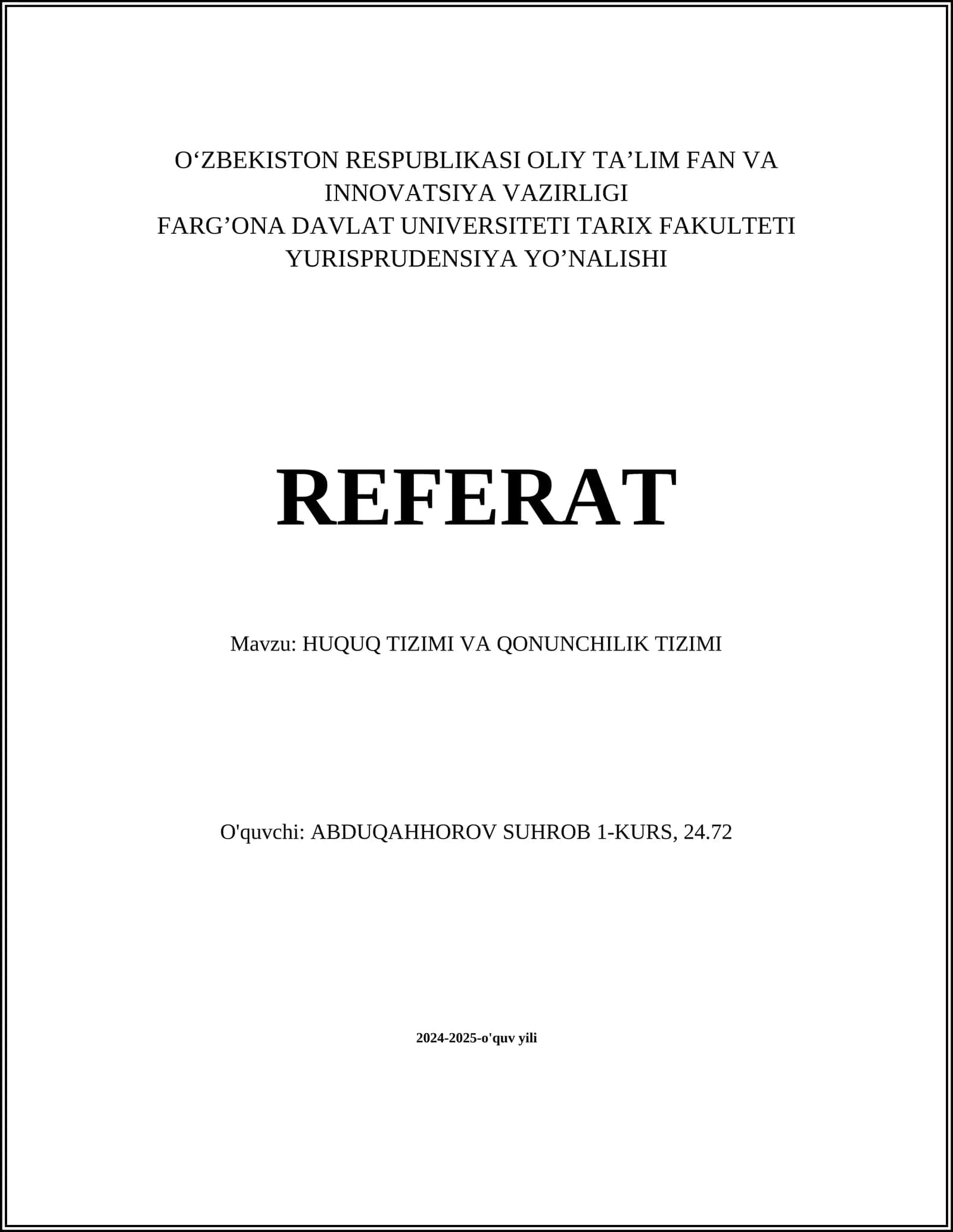 HUQUQ TIZIMI VA QONUNCHILIK TIZIMI