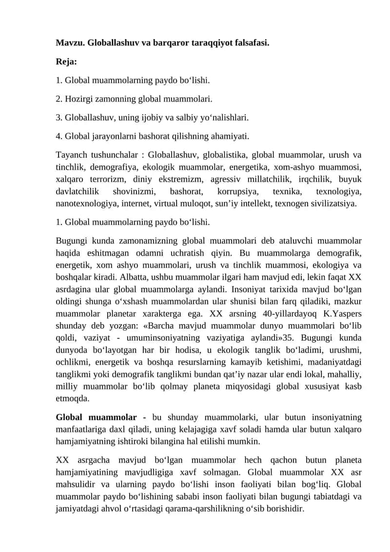 Globallashuv va barqaror taraqqiyot falsafasi.