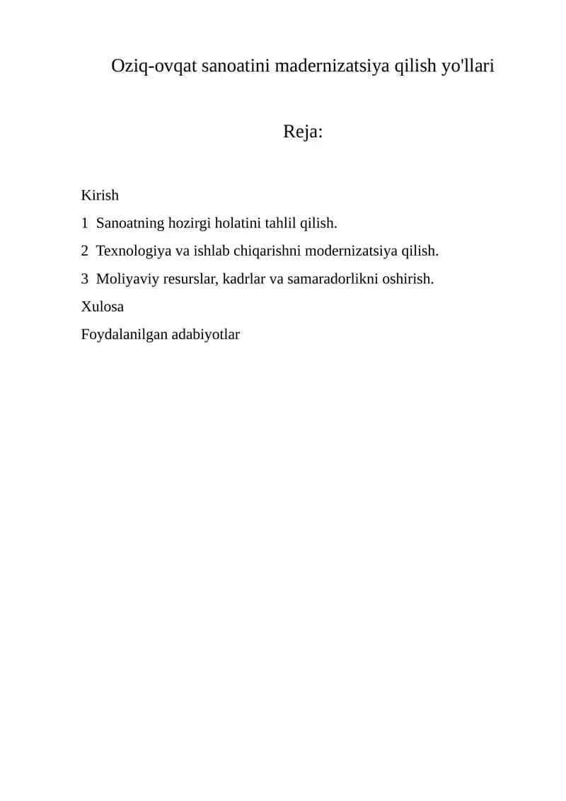 Oziq-ovqat sanoatini madernizatsiya qilish yo'llari