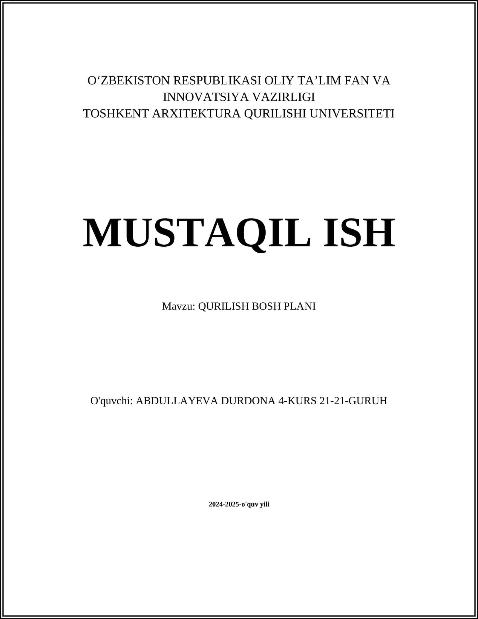QURILISH BOSH PLANI