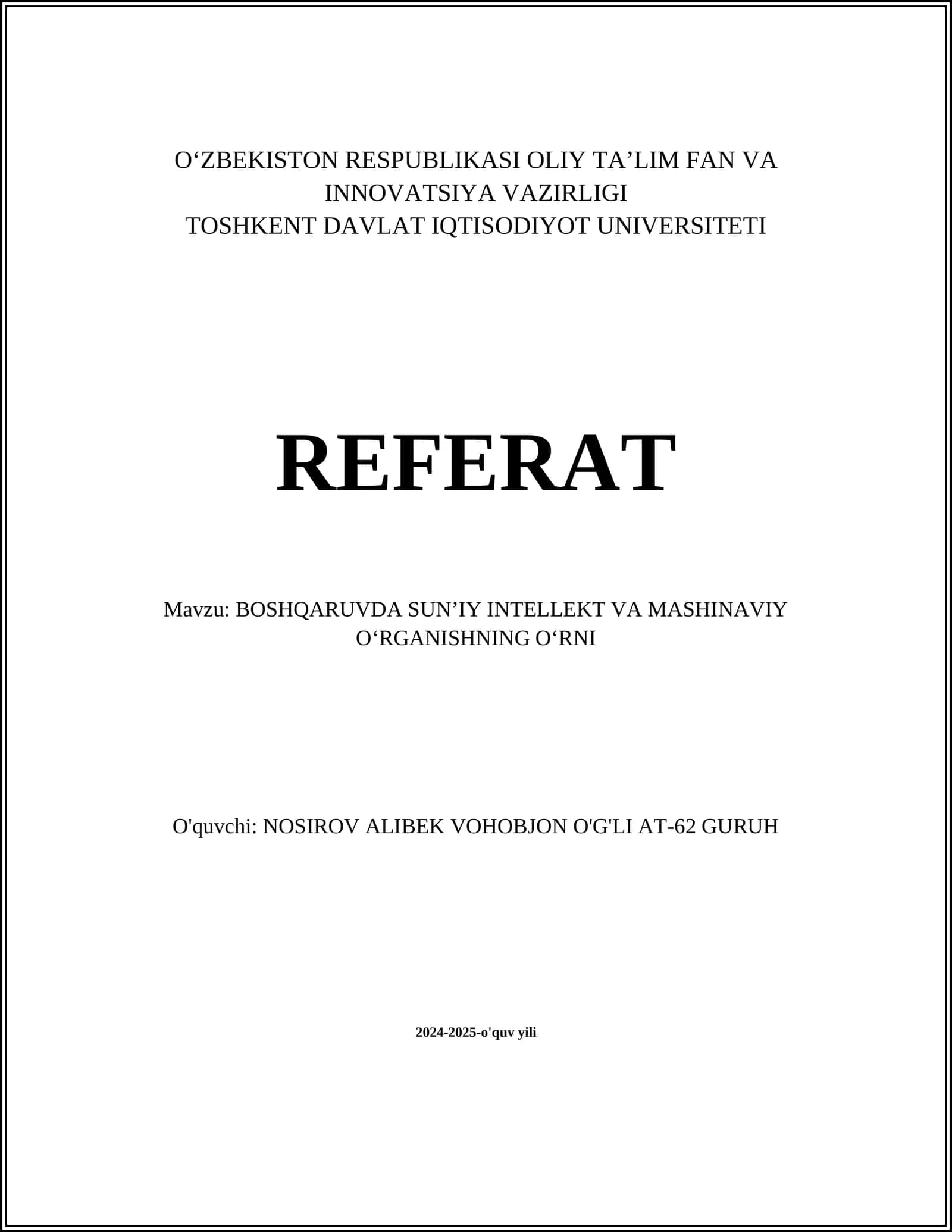 BOSHQARUVDA SUN’IY INTELLEKT VA MASHINAVIY O‘RGANISHNING O‘RNI