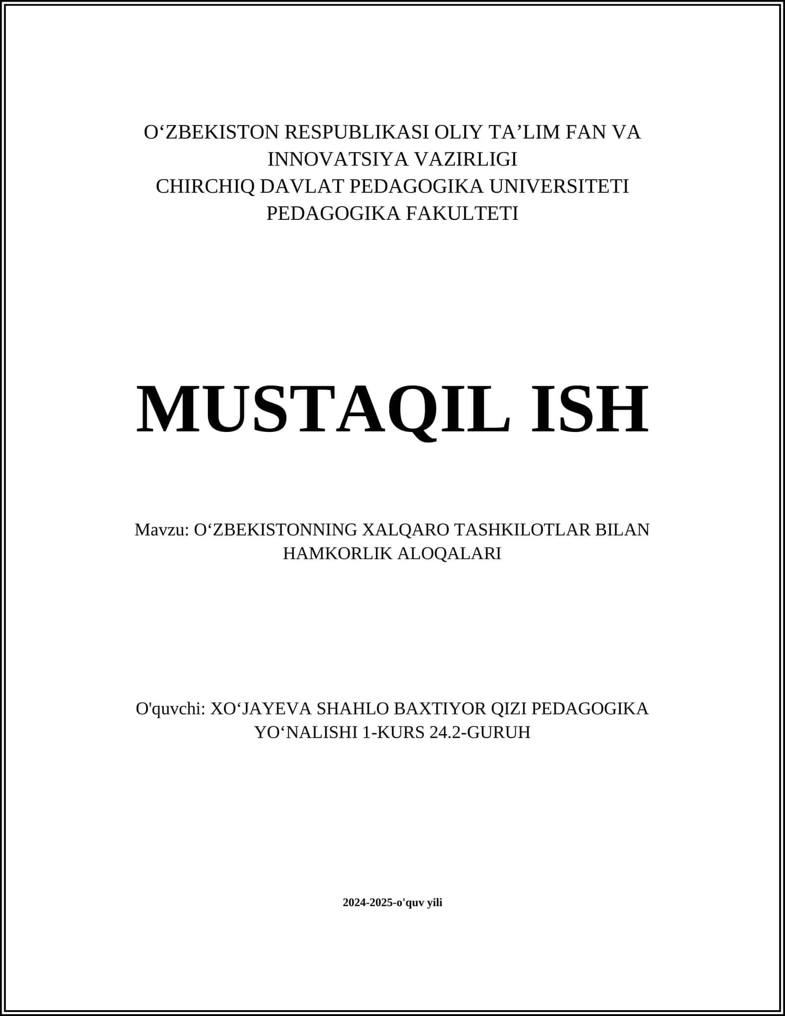 O‘ZBEKISTONNING XALQARO TASHKILOTLAR BILAN HAMKORLIK ALOQALARI