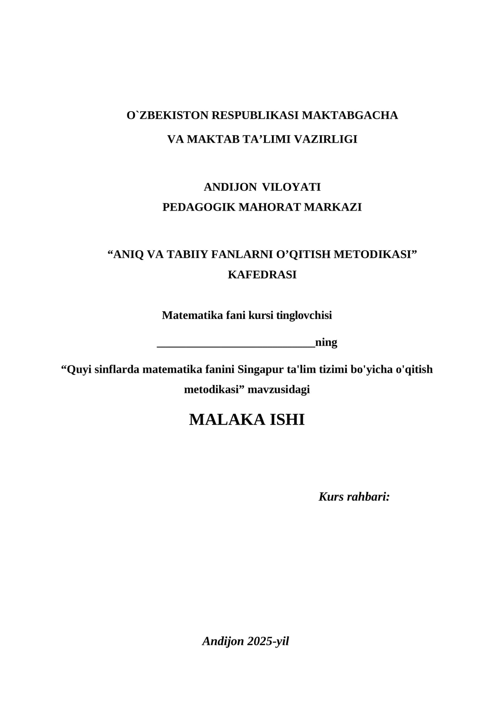 Quyi sinflarda matematika fanini Singapur ta'lim tizimi bo'yicha o'qitish metodikasi
