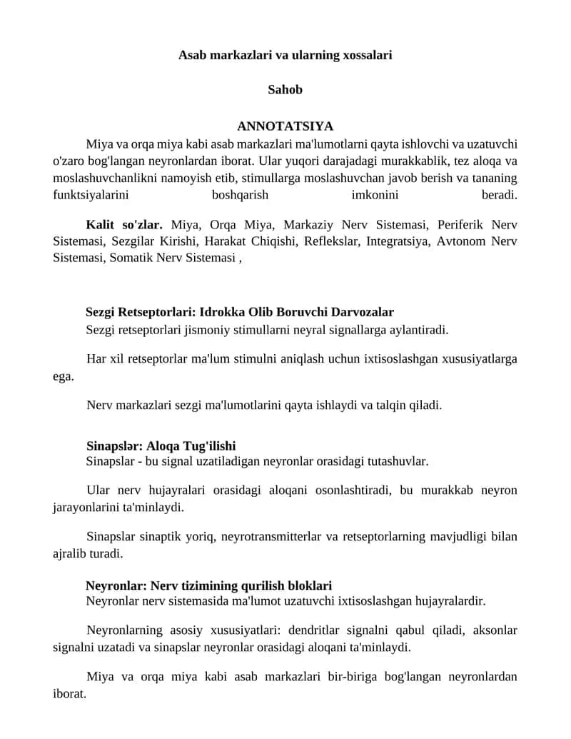 Asab markazlari va ularning xossalari