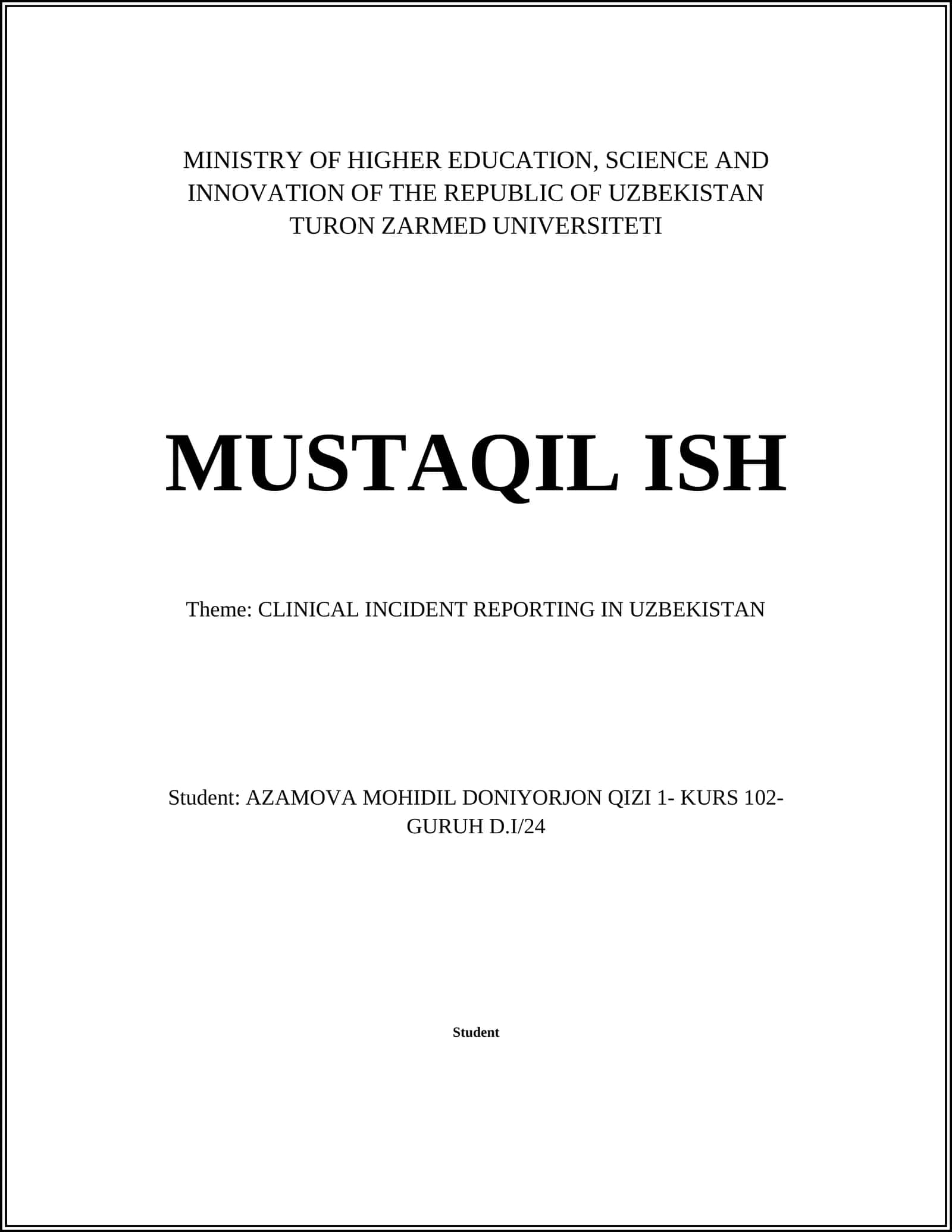CLINICAL INCIDENT REPORTING IN UZBEKISTAN