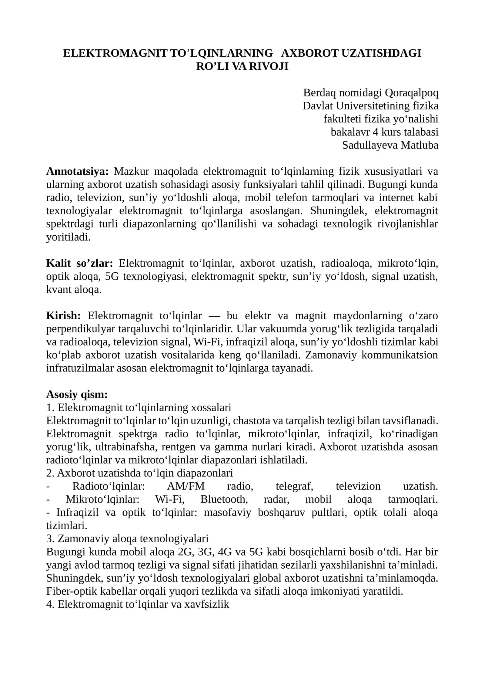 ELEKTROMAGNIT TO’LQINLARNING AXBOROT UZATISHDAGI RO’LI VA RIVOJI