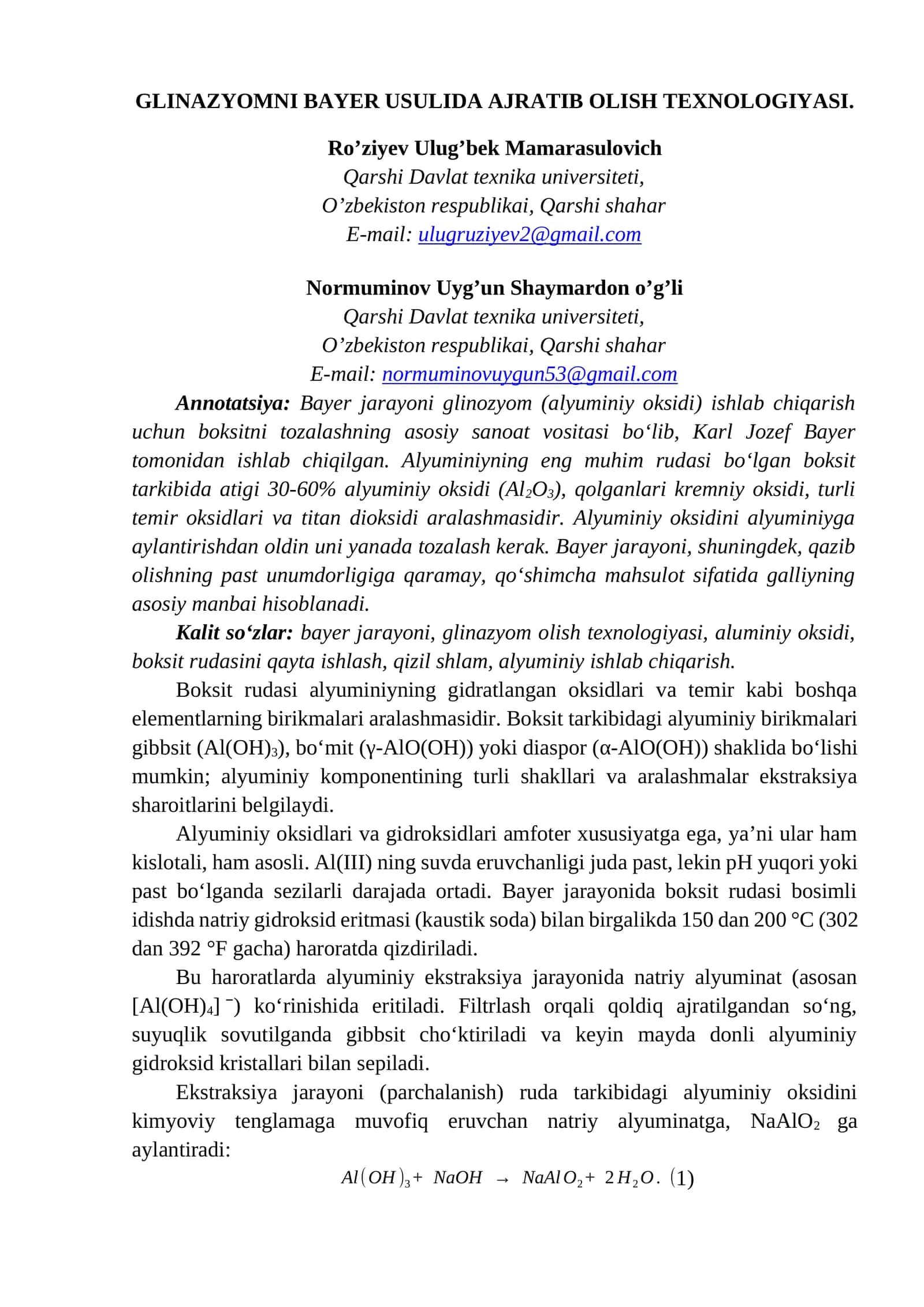 GLINAZYOMNI BAYER USULIDA AJRATIB OLISH TEXNOLOGIYASI