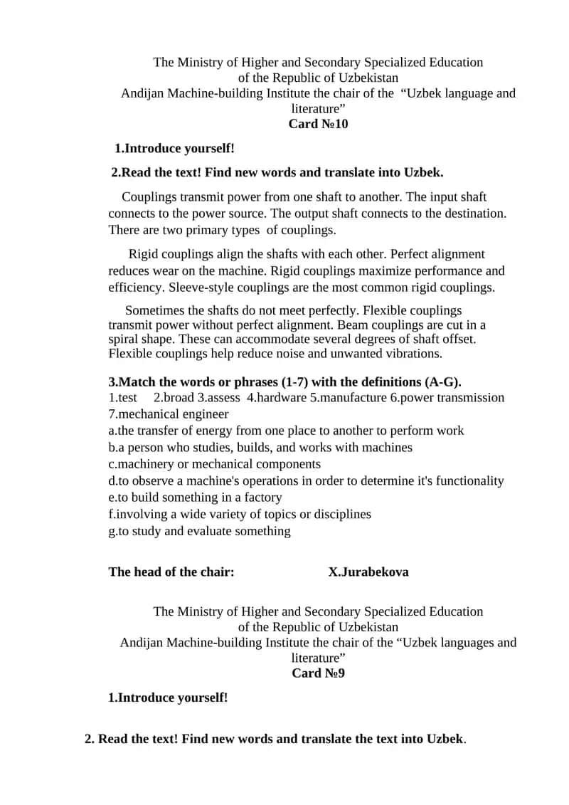 Andijan Machine-building Institute, "Uzbek language and literature" department, Card №10
