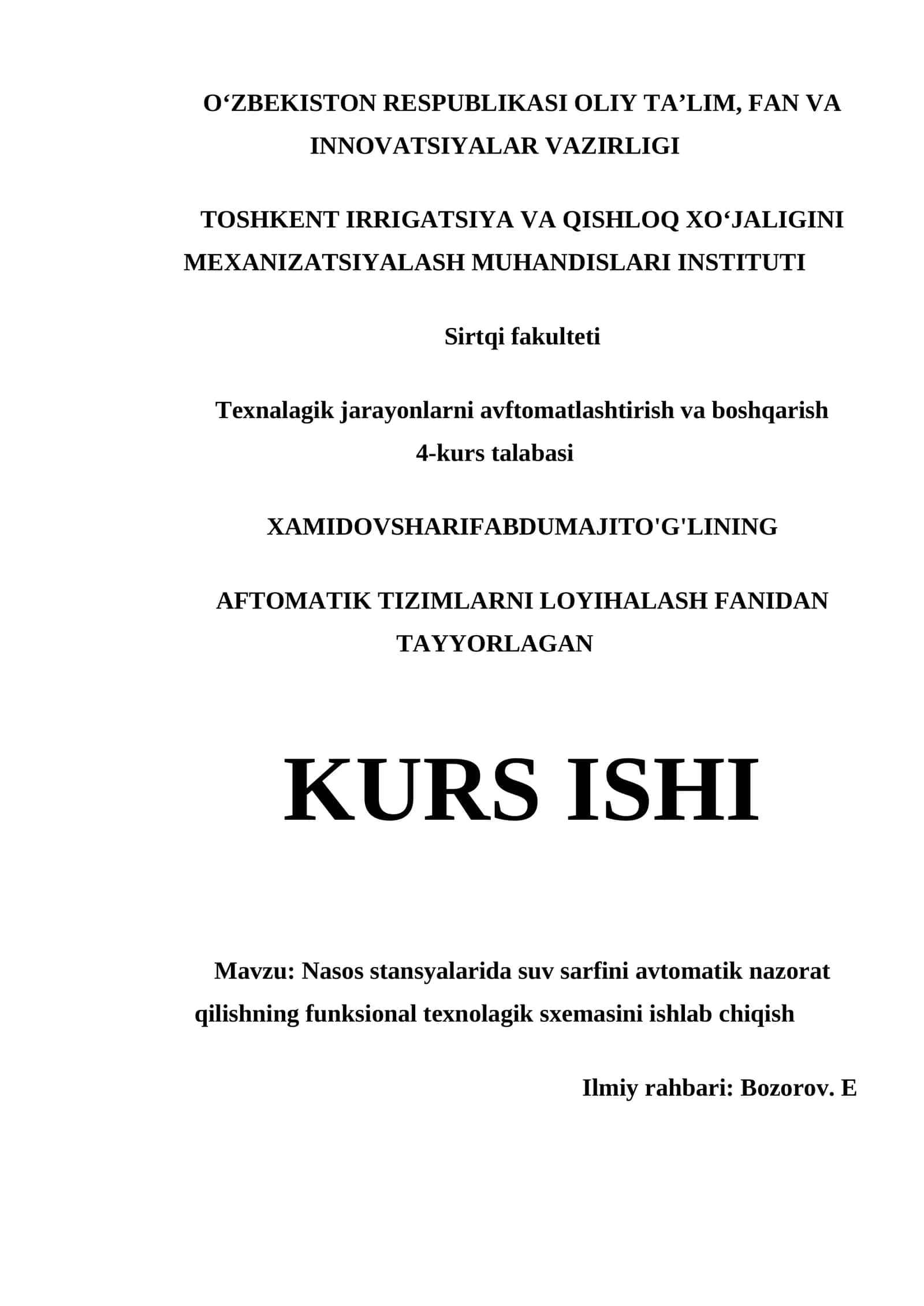 AFTOMATIK TIZIMLARNI LOYIHALASH FANIDAN TAYYORLAGAN KURS ISHI