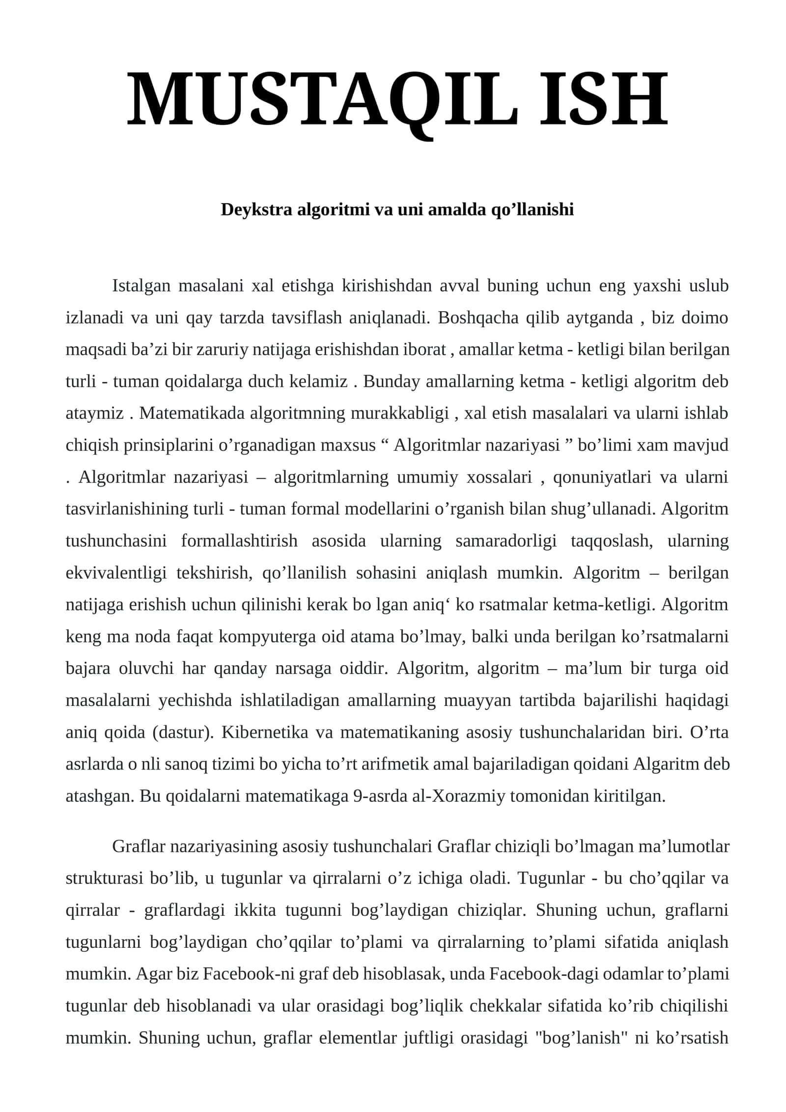 Deykstra algoritmi va uni amalda qoʼllanishi