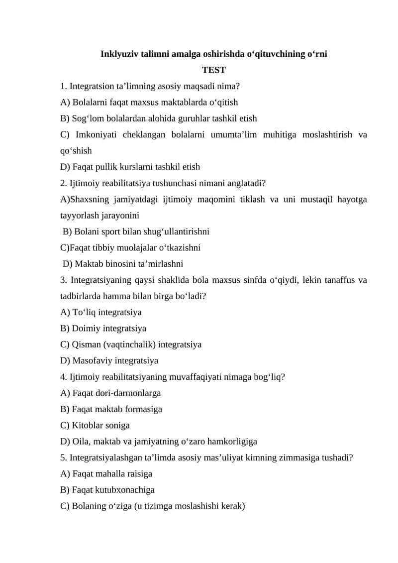 Inklyuziv talimni amalga oshirishda oʻqituvchining oʻrni