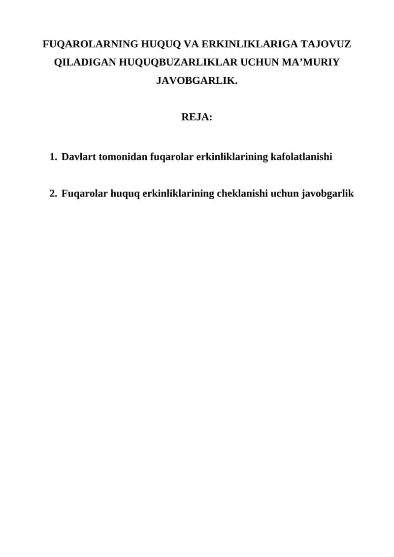 Fuqarolarning Huquq va Erkinliklariga Tajo'zuz Qiladigan Huquqbuzarliklar Uchun Ma'muriy Javobgarlik
