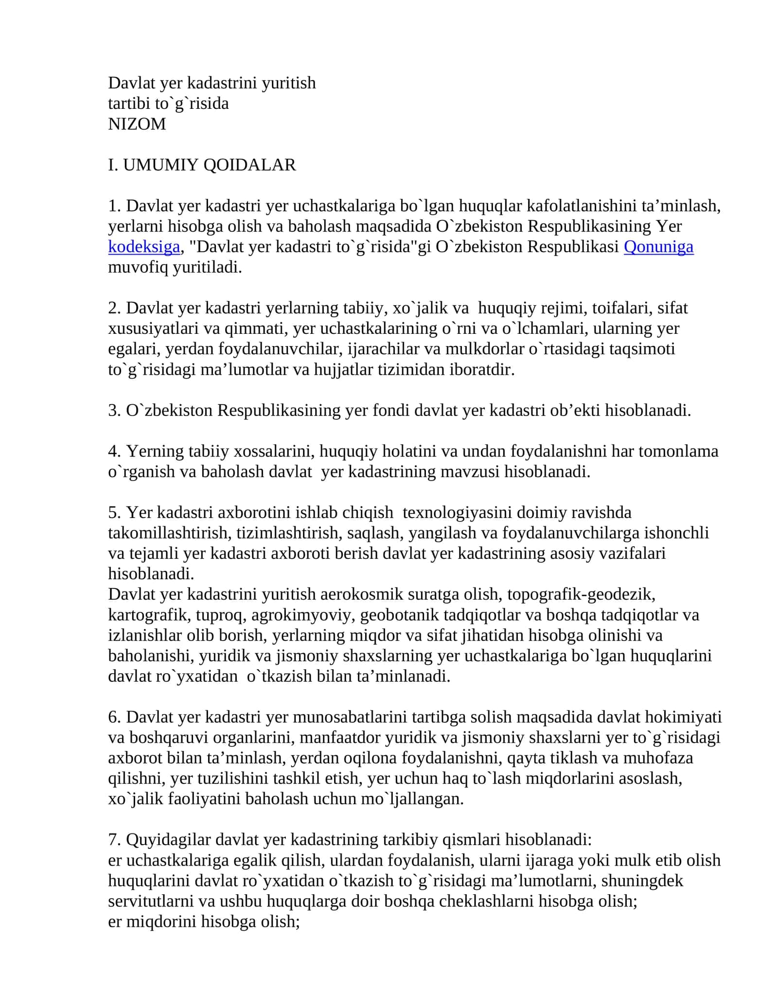 Davlat yer kadastrini yuritish tartibi to`g`risida NIZOM