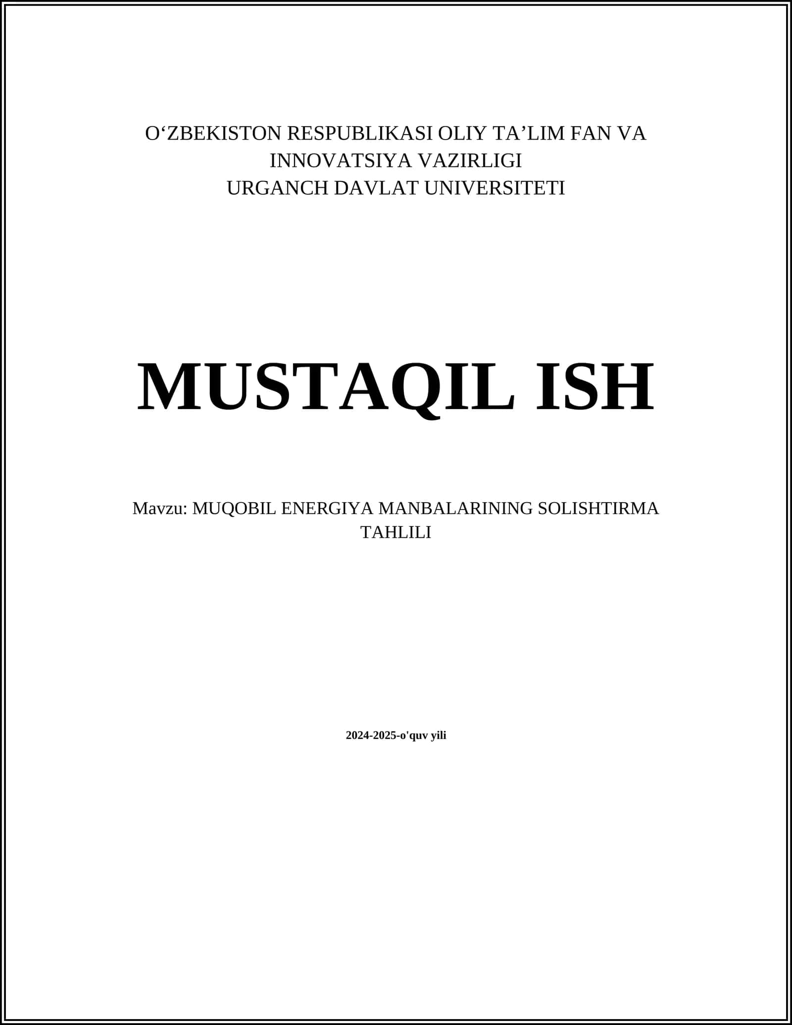 MUQOBIL ENERGIYA MANBALARINING SOLISHTIRMA TAHLILI
