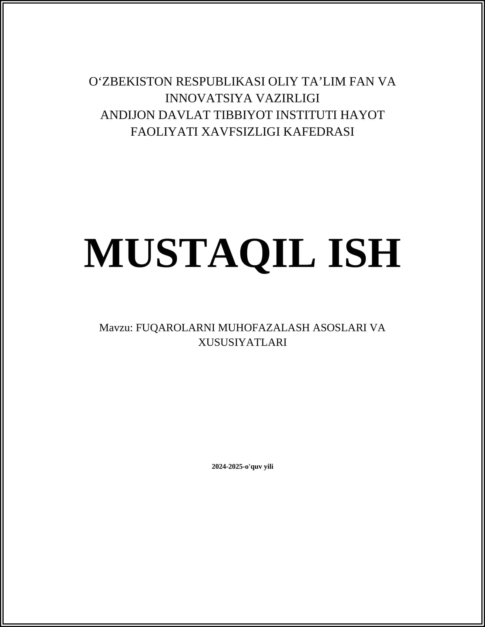 FUQAROLARNI MUHOFAZALASH ASOSLARI VA XUSUSIYATLARI