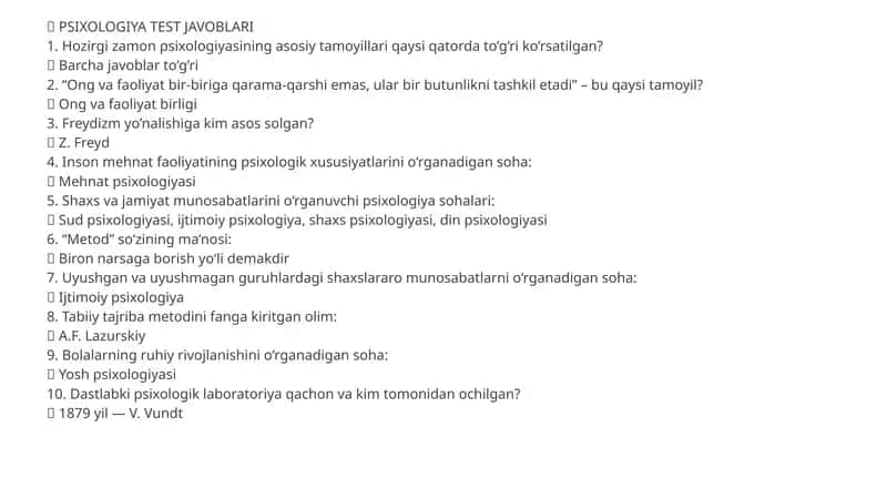 PSIXOLOGIYA TEST JAVOBLARI