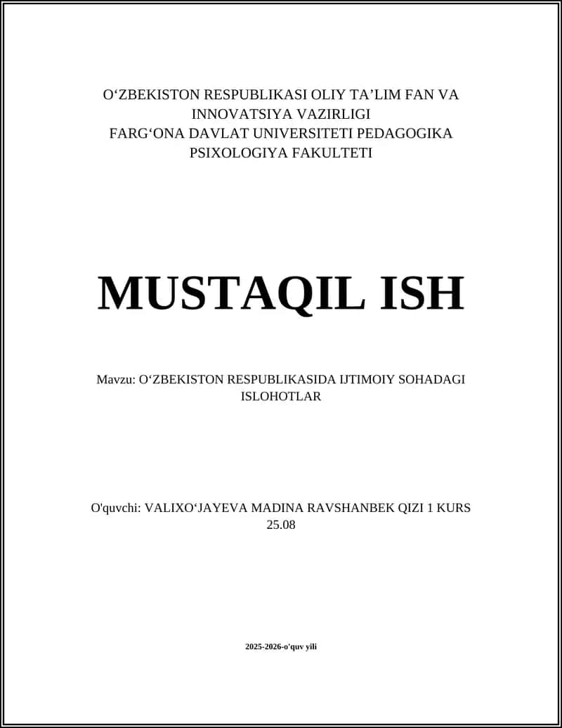 OʻZBEKISTON RESPUBLIKASIDA IJTIMOIY SOHADAGI ISLOHOTLAR