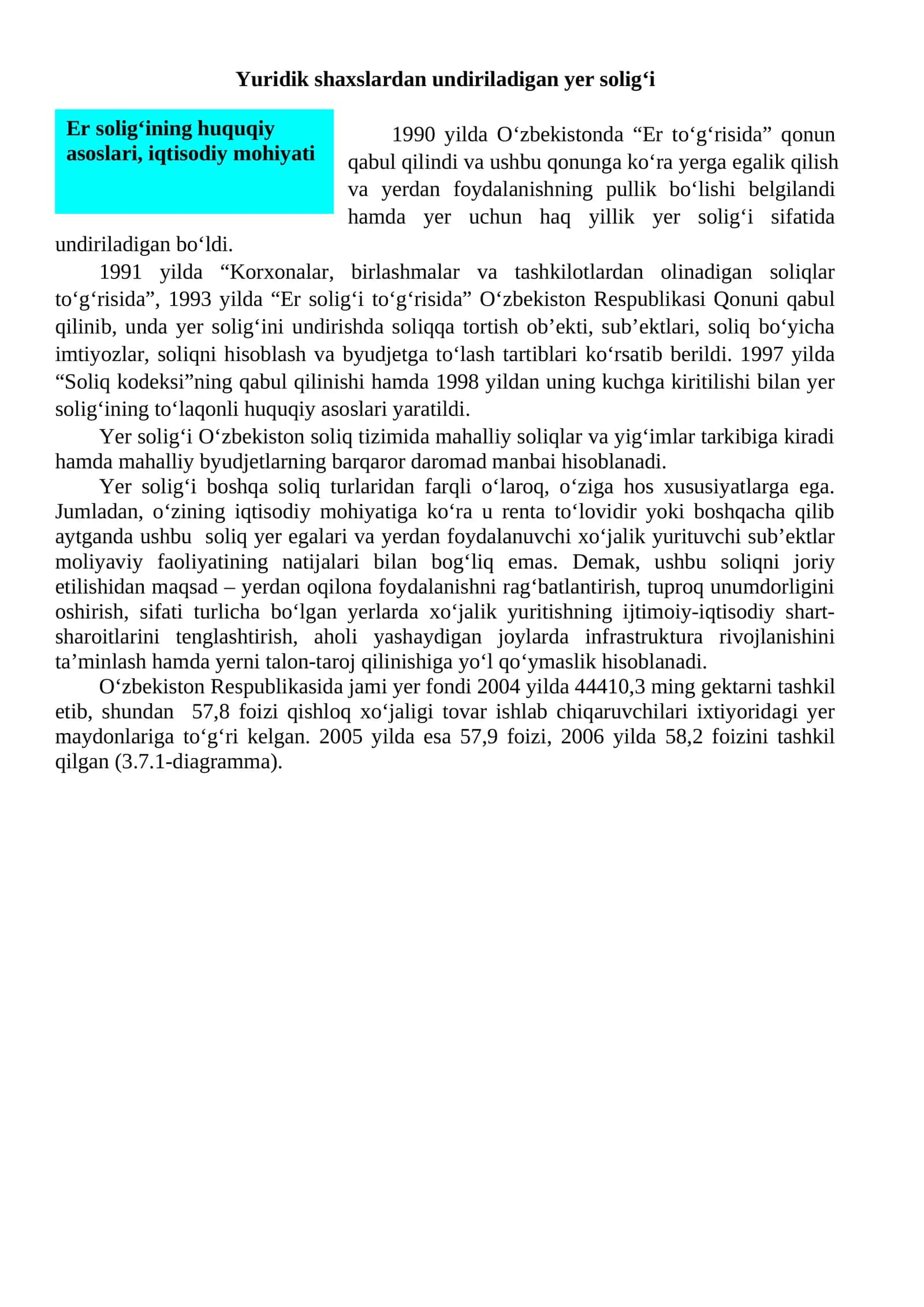 Yuridik shaxslardan undiriladigan yer solig‘i