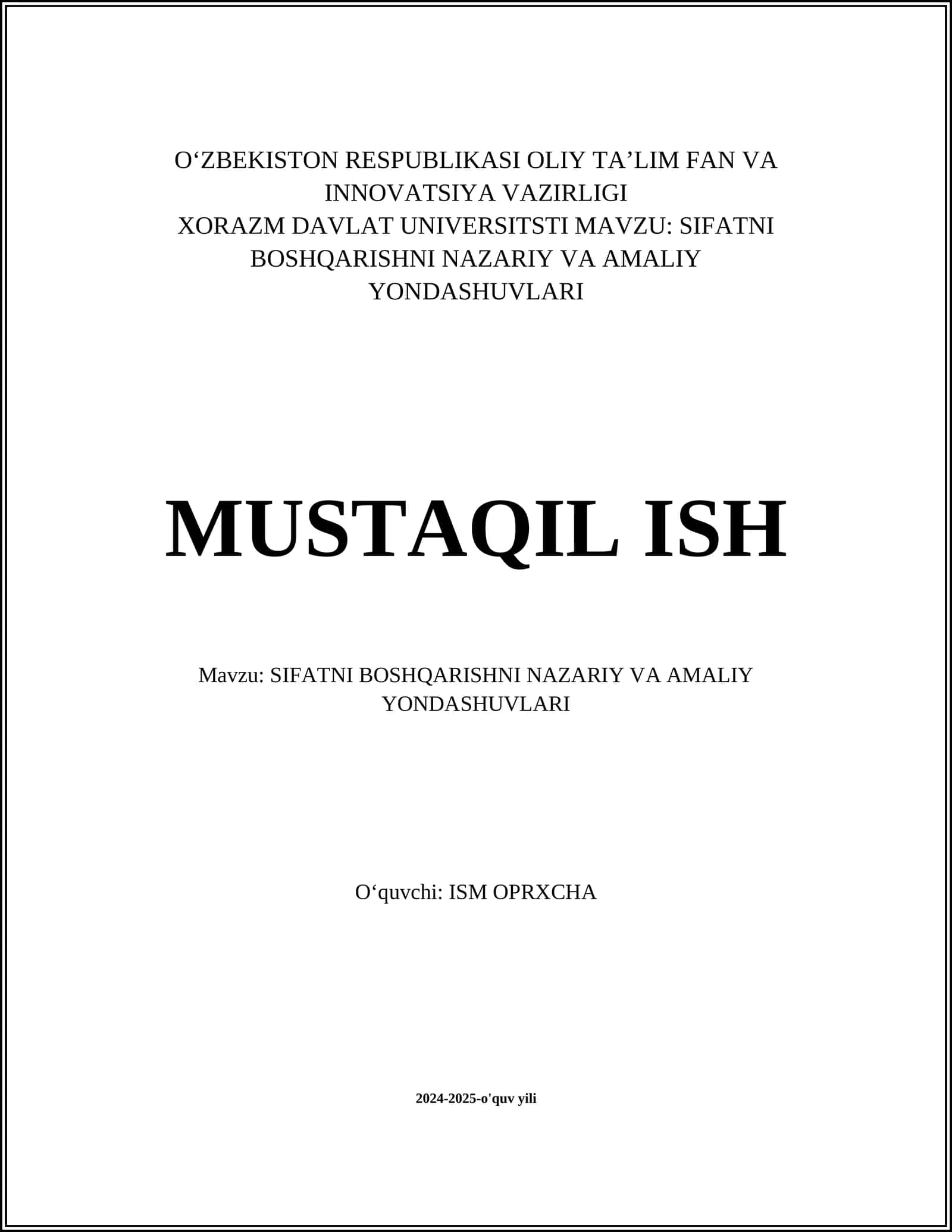 SIFATNI BOSHQARISHNI NAZARIY VA AMALIY YONDASHUVLARI