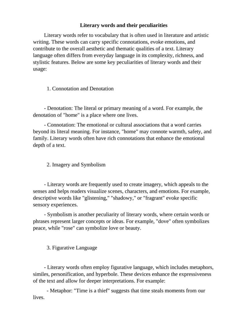 Literary words and their peculiarities